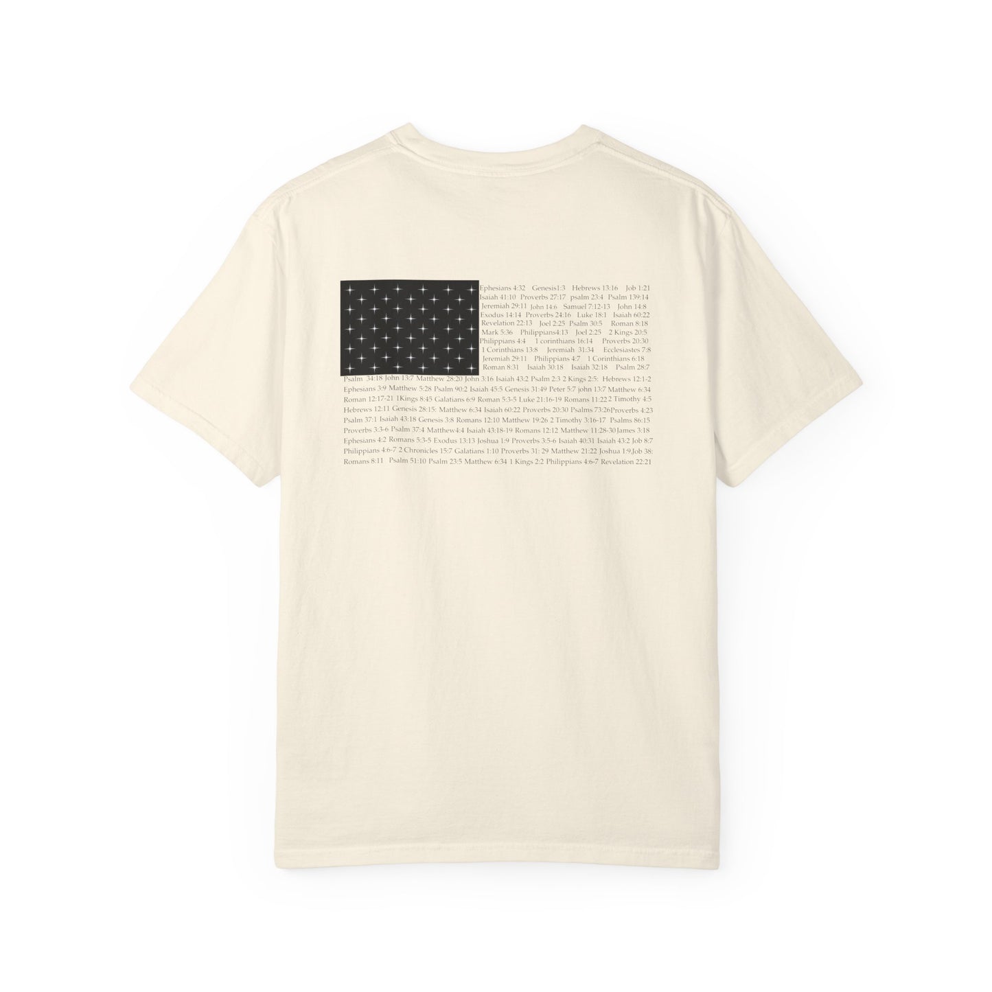 Back view of a ivory Christian apparel shirt with Bible verse for encouragement — faith-based American flag tee for Greek Orthodox, Roman Catholic, or Protestant wear.