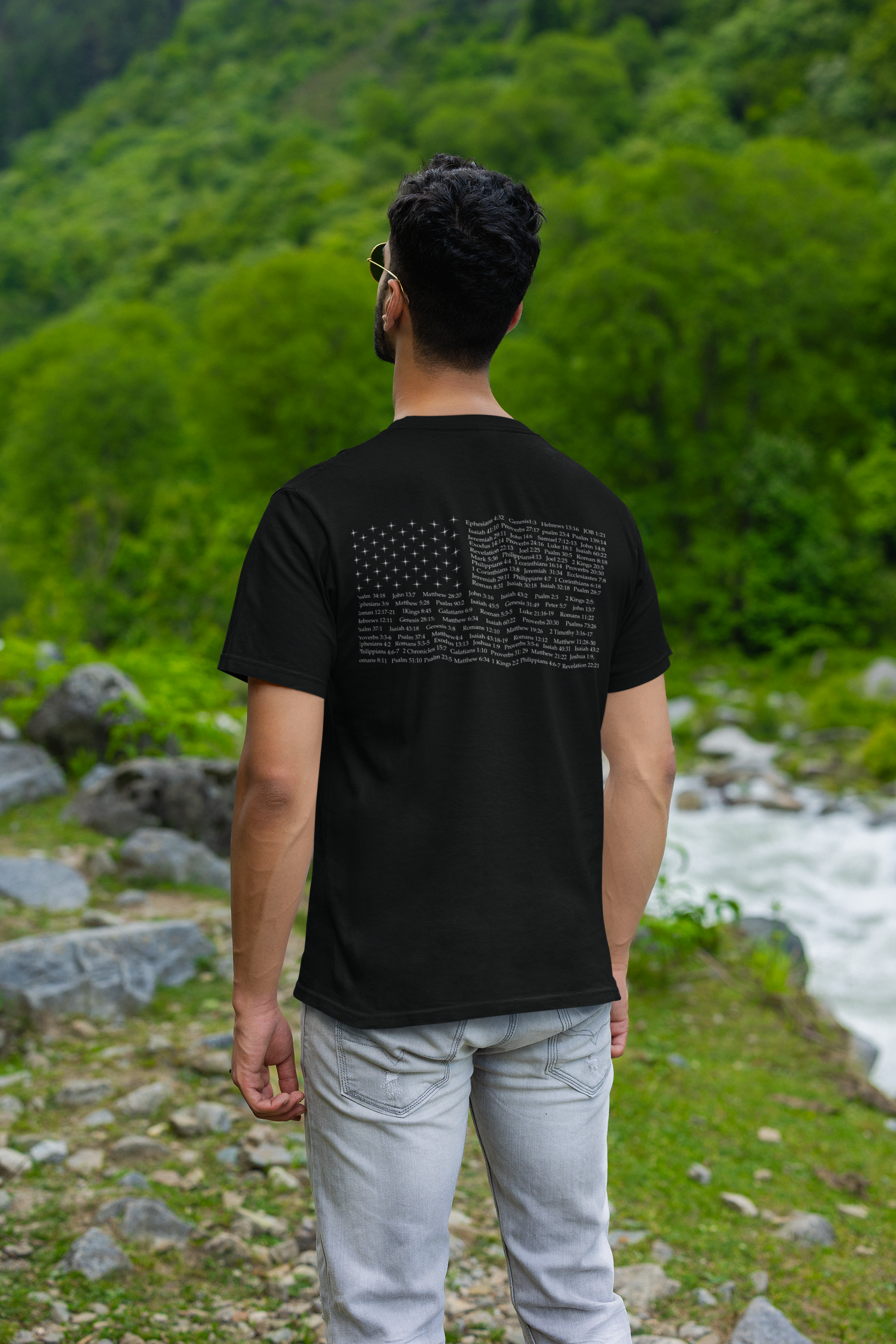 Men wearing a black religious shirt with Bible verse for encouragement — faith-based American flag tee for Greek Orthodox, Roman Catholic, or Protestant wear.