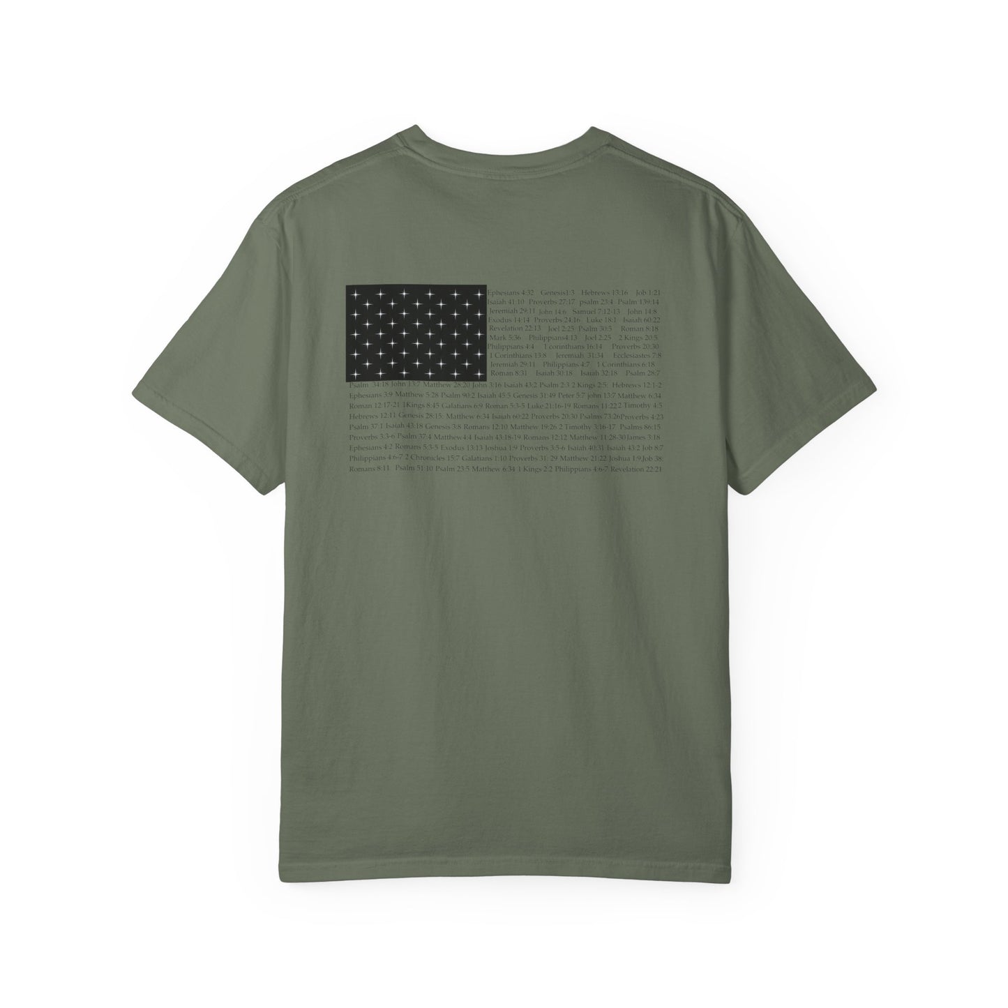 Back view of a moss Christian apparel shirt with Bible verse for encouragement — faith-based American flag tee for Greek Orthodox, Roman Catholic, or Protestant wear.