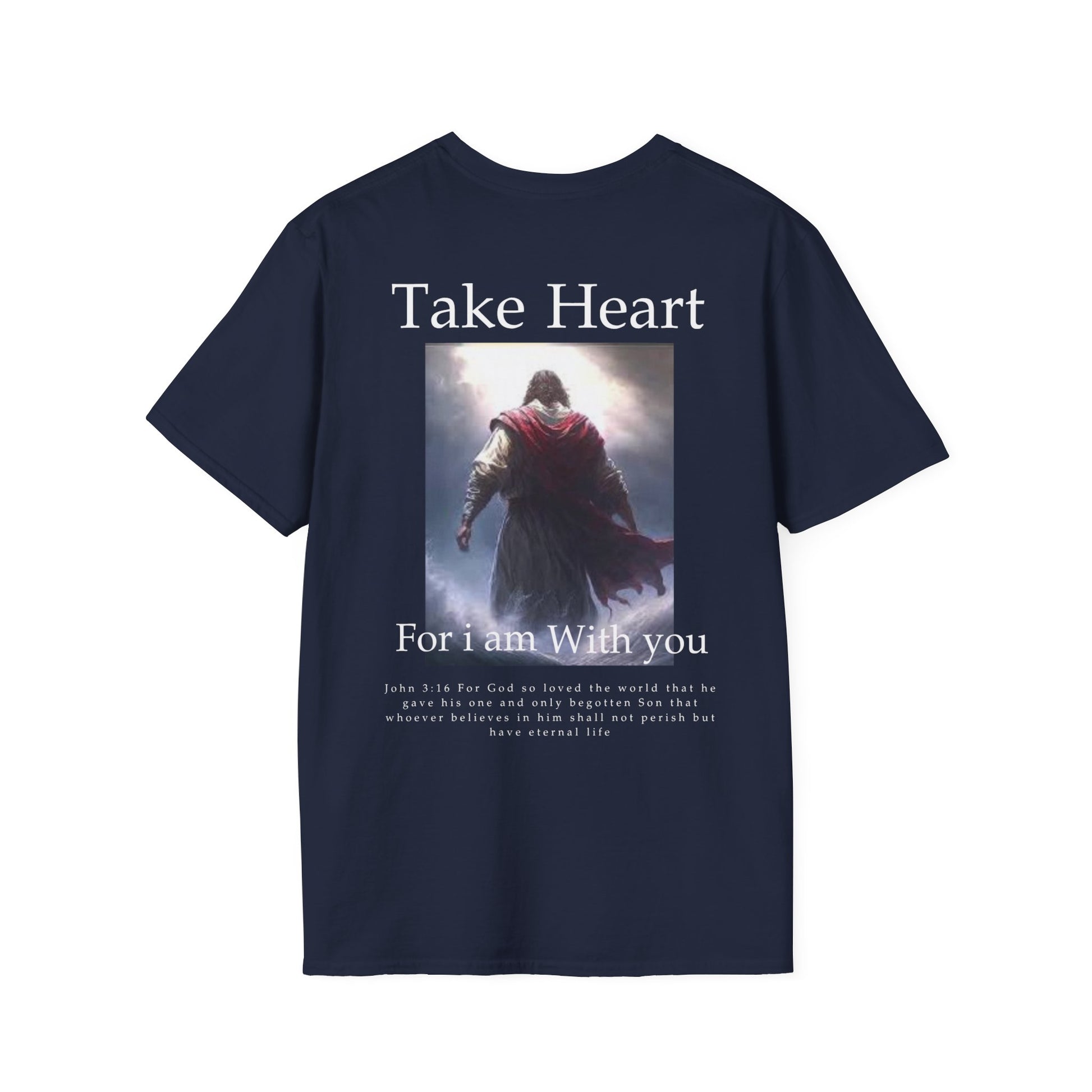 Back view of a navy Bible verse shirt clothing featuring John 3:16 — faith-based design for men’s Christian apparel and Catholic clothing styles.