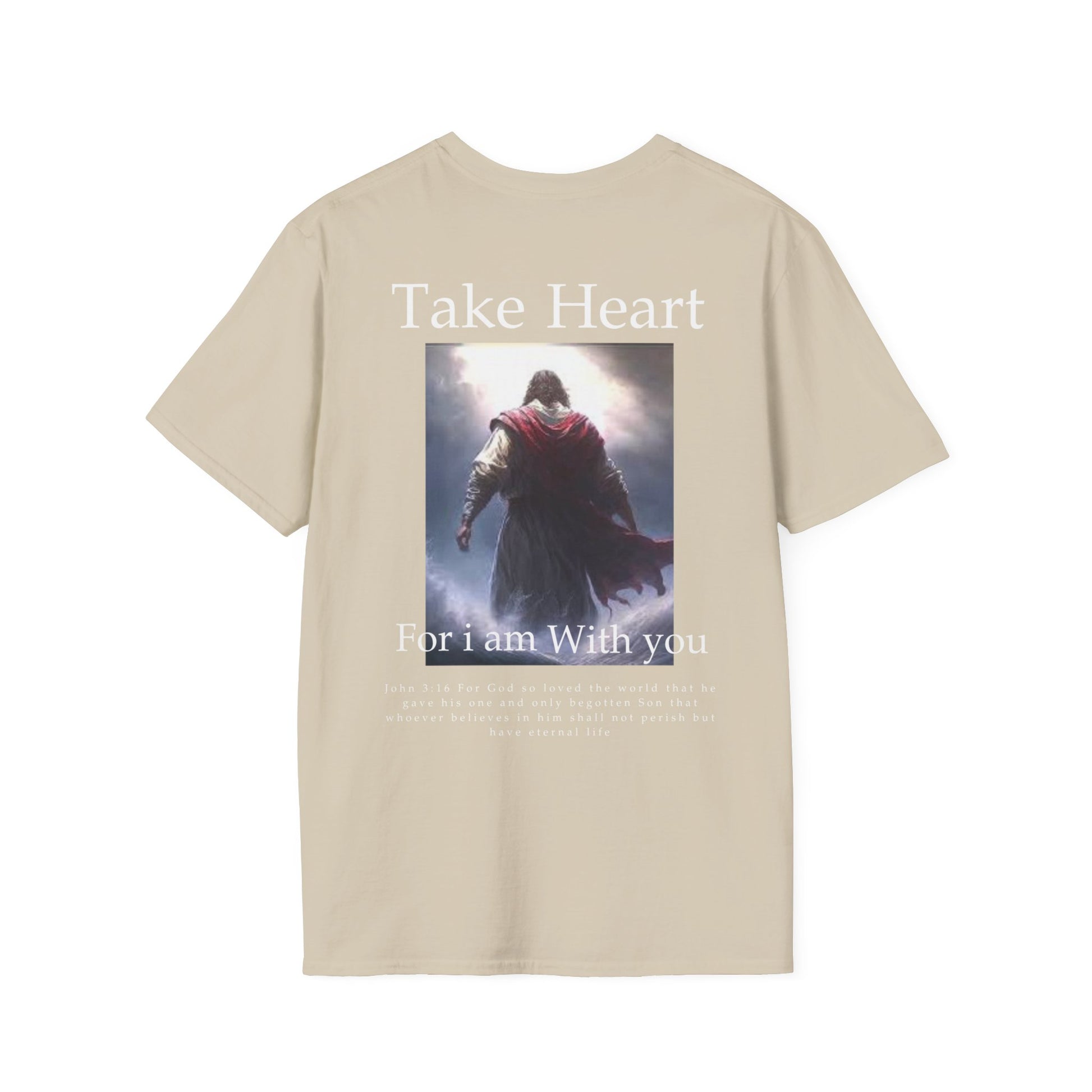 Back view of a sand Bible verse shirt clothing featuring John 3:16 — faith-based design for men’s Christian apparel and Catholic clothing styles.