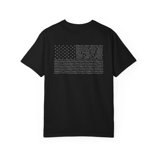 Black Patriotic Christian t-shirt with American flag graphic and Bible verse design, faith-based USA tee.