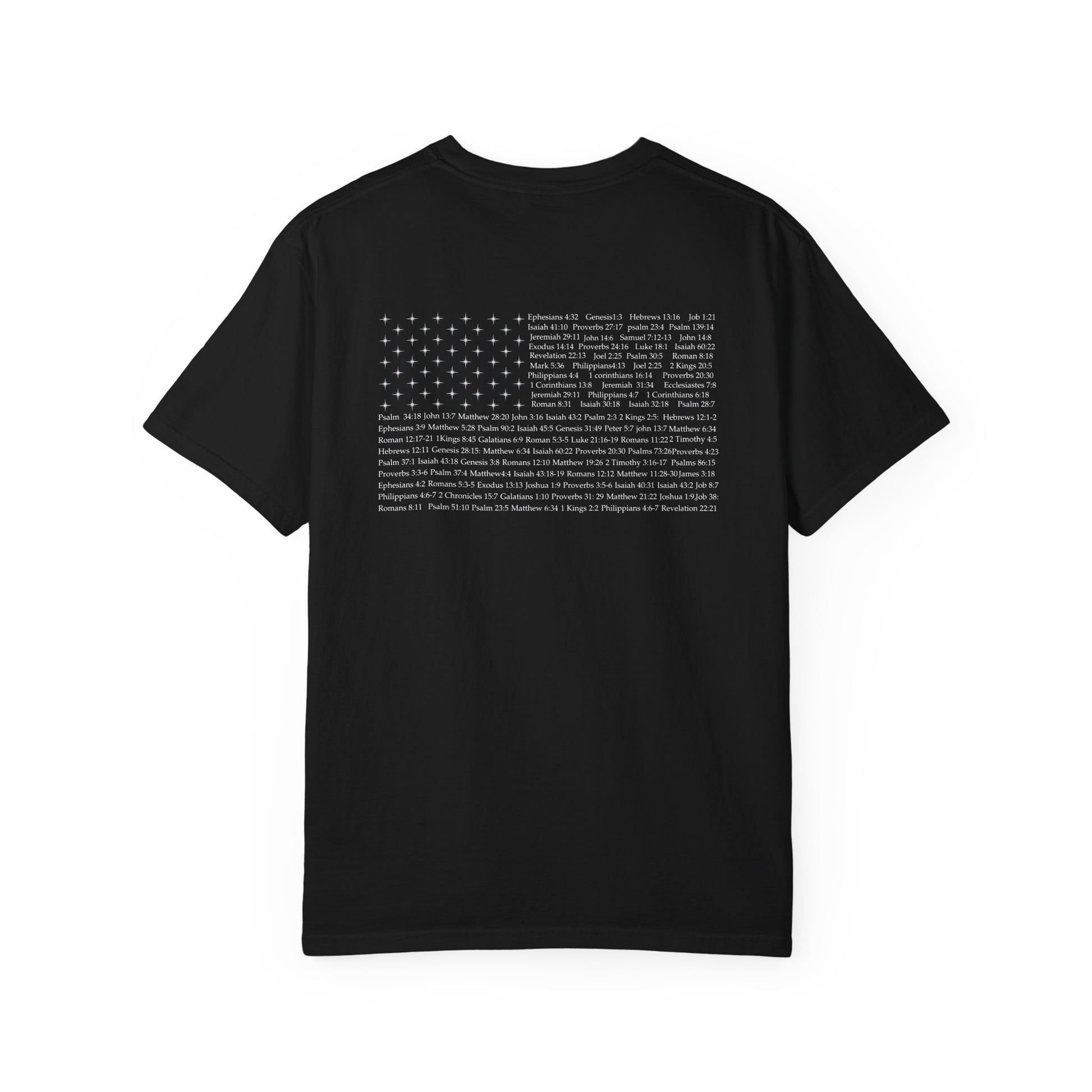 Black, Christian apparel with Bible verse for encouragement — faith-based American flag tee for Greek Orthodox, Roman Catholic, or Protestant wear.