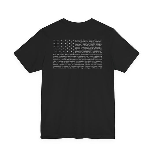 Bible Verse American Flag T-shirt featuring an American flag made from Bible verse references on the back. A modern Christian and Catholic T-shirt designed for believers who want to wear their faith with confidence while honoring God and their country.