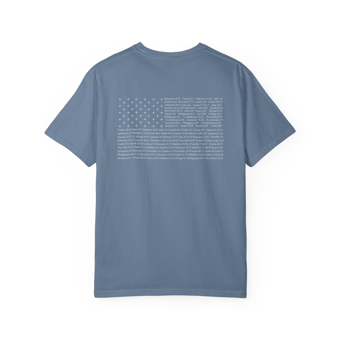 Back of a blue jean Christian apparel with Bible verse for encouragement — faith-based American flag tee for Greek Orthodox, Roman Catholic, or Protestant wear.