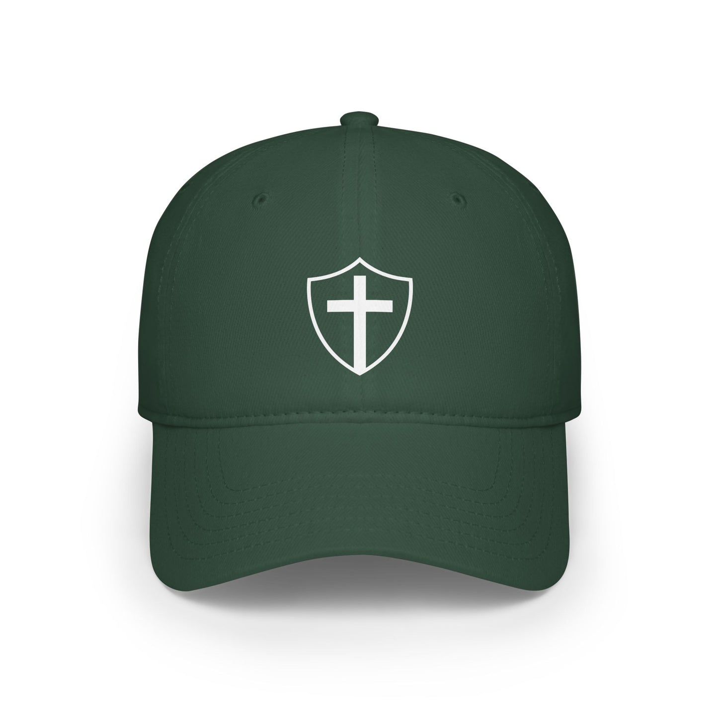 Dark green dad cap with embroidered “Shield of God” design, casual Christian faith hat for daily wear.