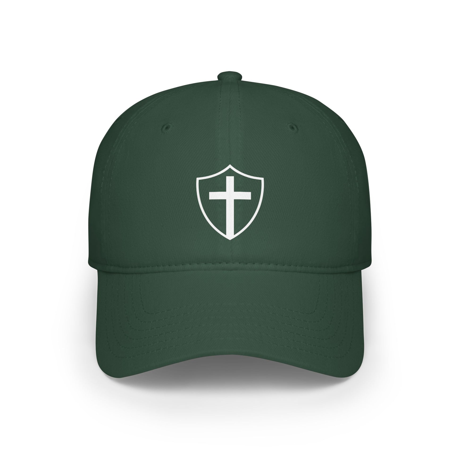 Dark green dad cap with embroidered “Shield of God” design, casual Christian faith hat for daily wear.