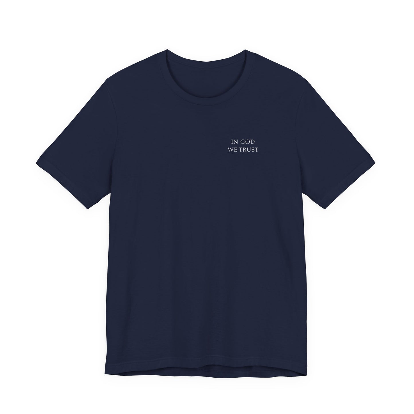 Patriotic navy t-shirt with 'in God we trust' text on a white background