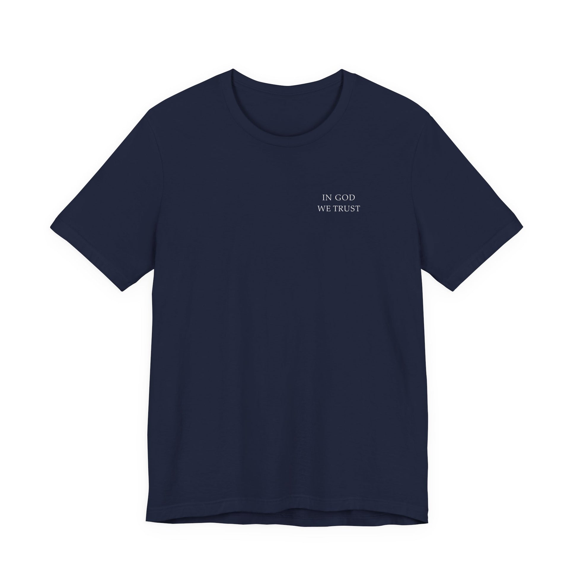 Patriotic navy t-shirt with 'in God we trust' text on a white background