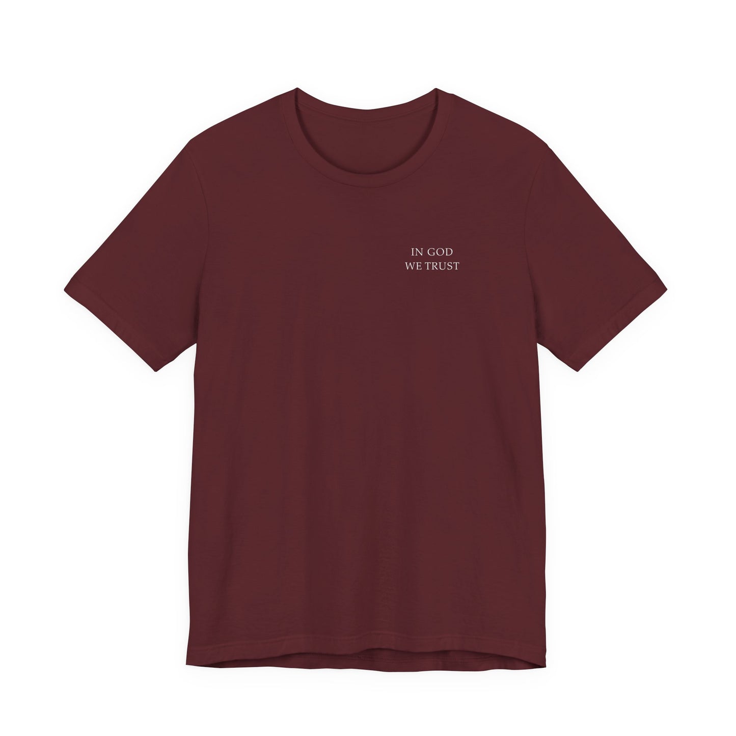 Front of the maroon Bible Verse American Flag T-shirt featuring an American flag made from Bible verse references on the back. A modern Christian and Catholic T-shirt designed for believers who want to wear their faith with confidence while honoring God and their country.