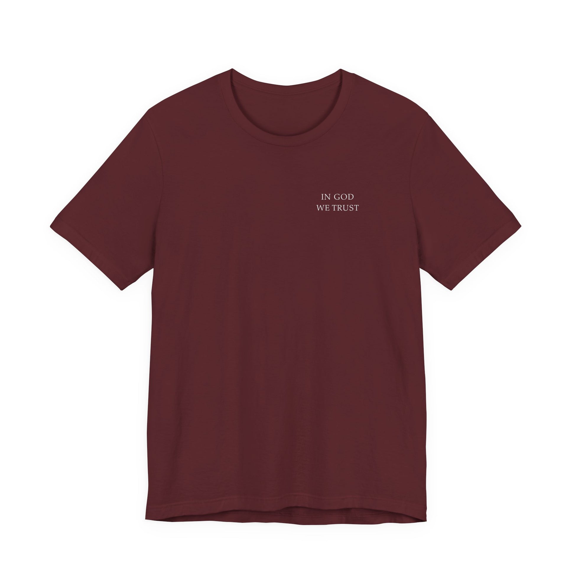 Front of the maroon Bible Verse American Flag T-shirt featuring an American flag made from Bible verse references on the back. A modern Christian and Catholic T-shirt designed for believers who want to wear their faith with confidence while honoring God and their country.