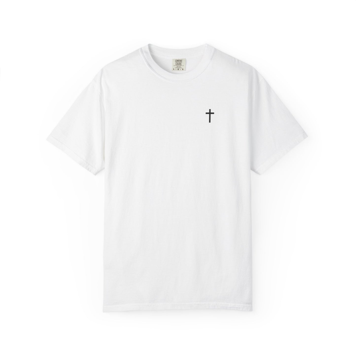 Front view of a white Christian apparel shirt with Bible verse for encouragement — faith-based American flag tee for Greek Orthodox, Roman Catholic, or Protestant wear.