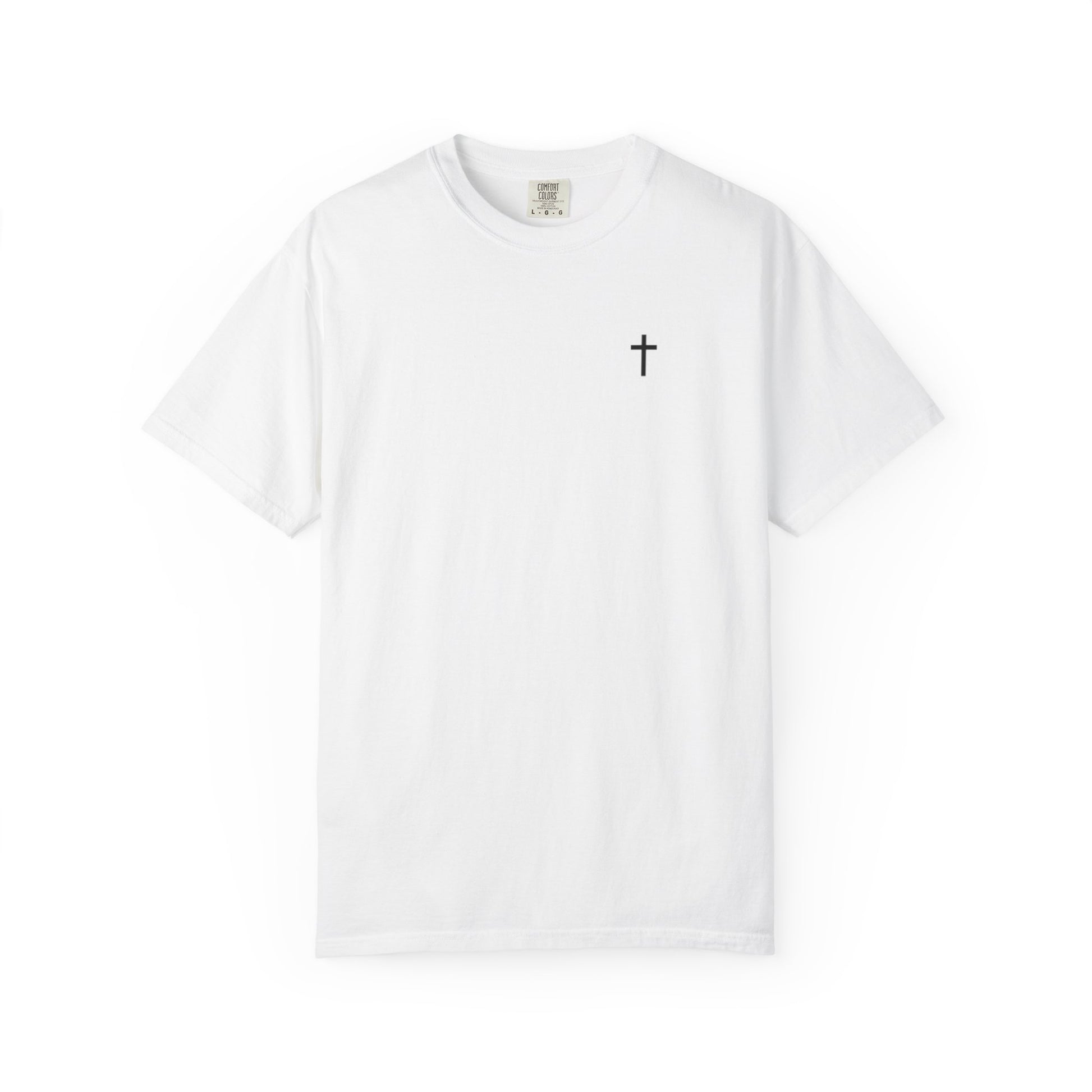Front view of a white Christian apparel shirt with Bible verse for encouragement — faith-based American flag tee for Greek Orthodox, Roman Catholic, or Protestant wear.