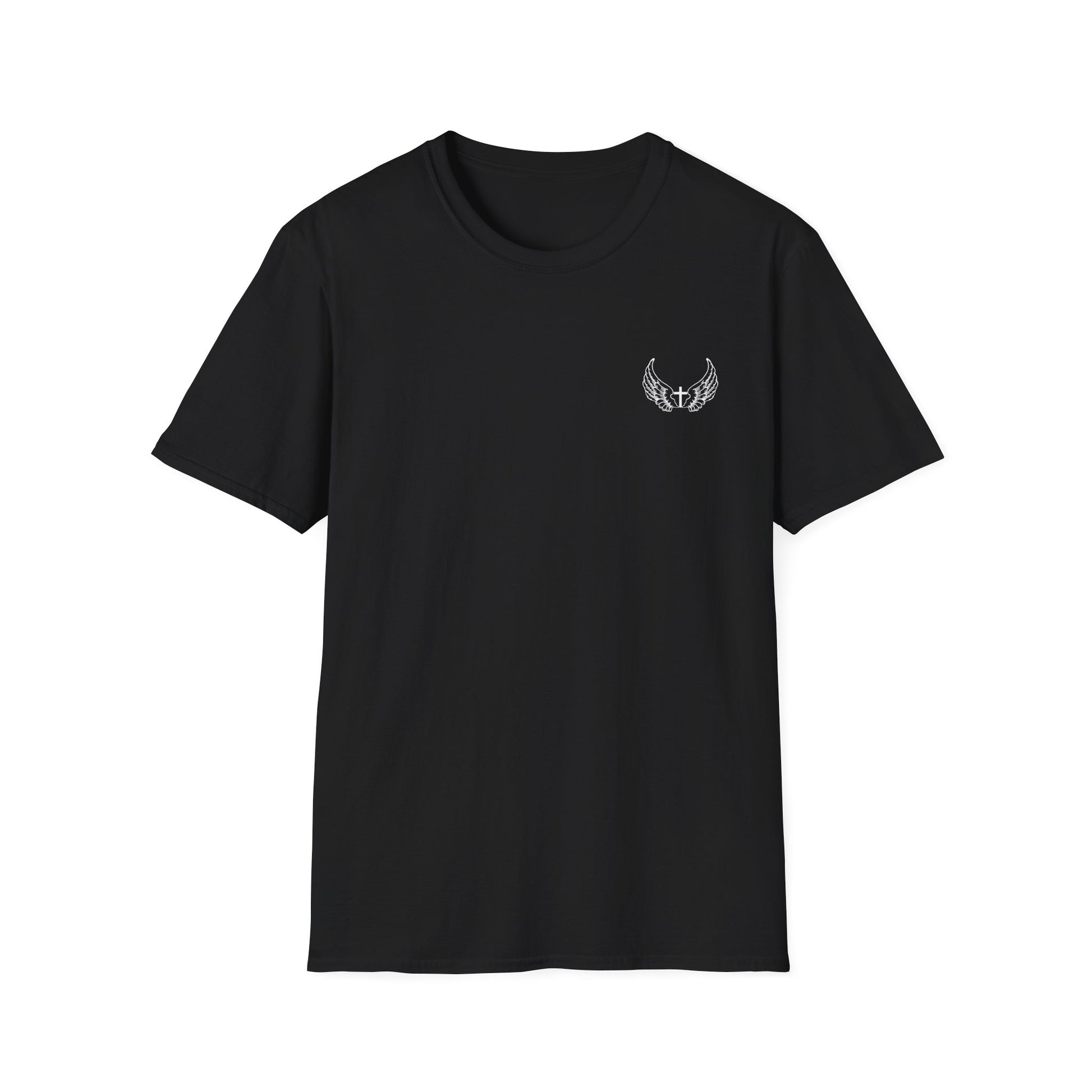 Front view of a black Bible verse shirt clothing featuring John 3:16 — faith-based design for men’s Christian apparel and Catholic clothing styles.