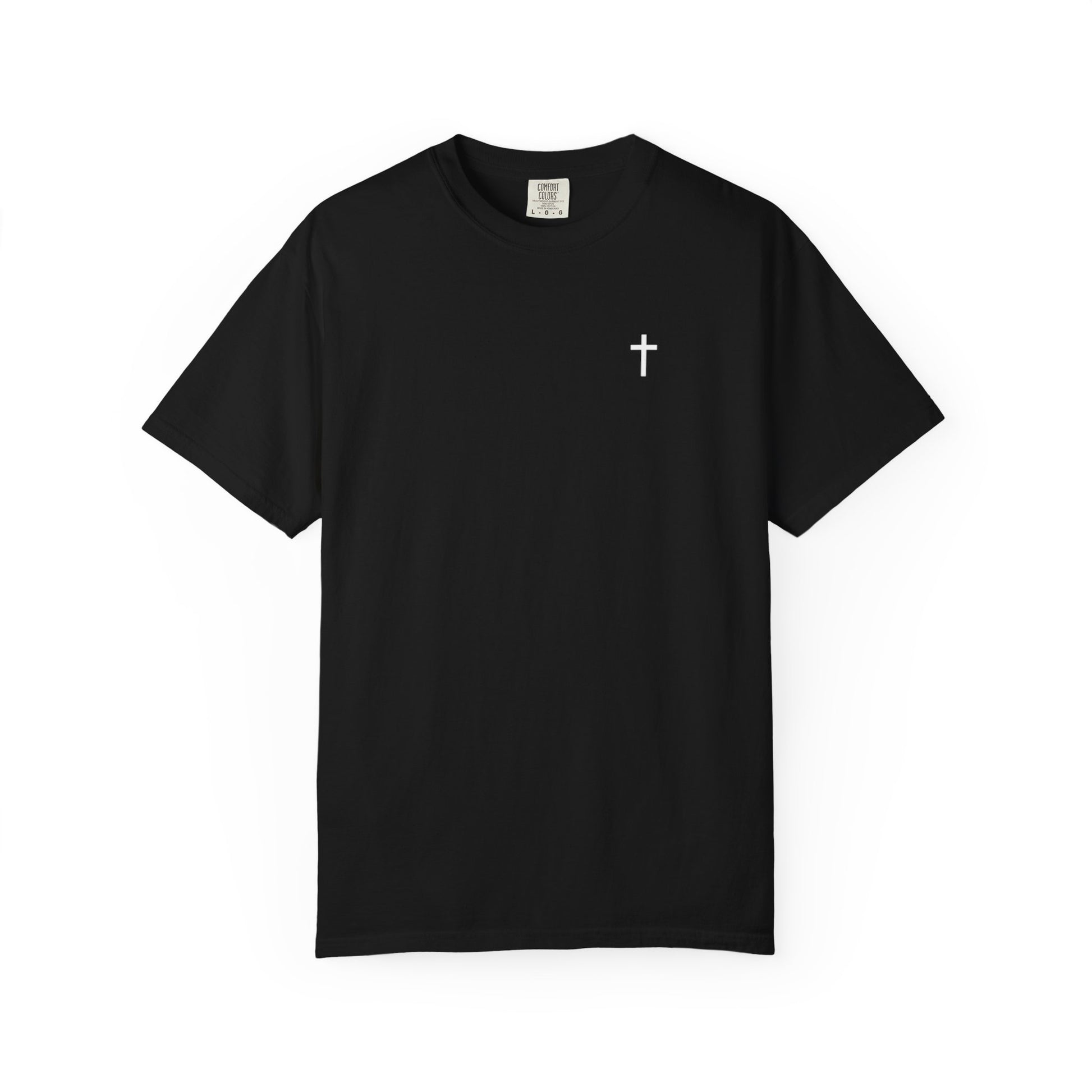 Front of a black Christian apparel with Bible verse for encouragement — faith-based American flag tee for Greek Orthodox, Roman Catholic, or Protestant wear.
