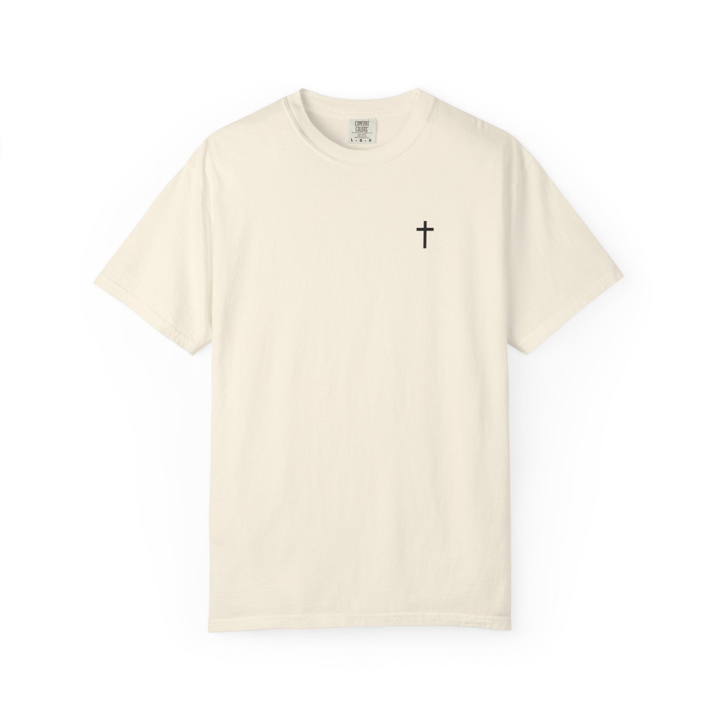 Front view of a ivory Christian apparel shirt with Bible verse for encouragement — faith-based American flag tee for Greek Orthodox, Roman Catholic, or Protestant wear.