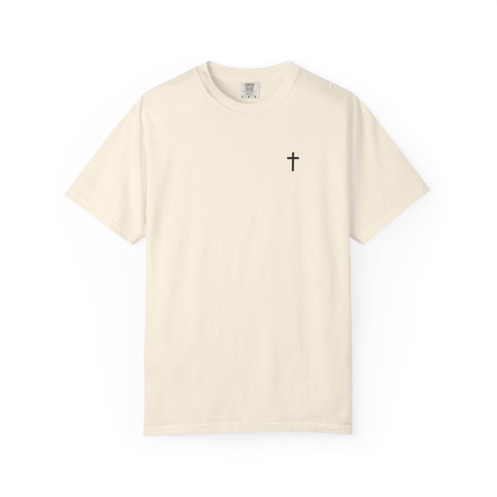Front view of a ivory Christian apparel shirt with Bible verse for encouragement — faith-based American flag tee for Greek Orthodox, Roman Catholic, or Protestant wear.