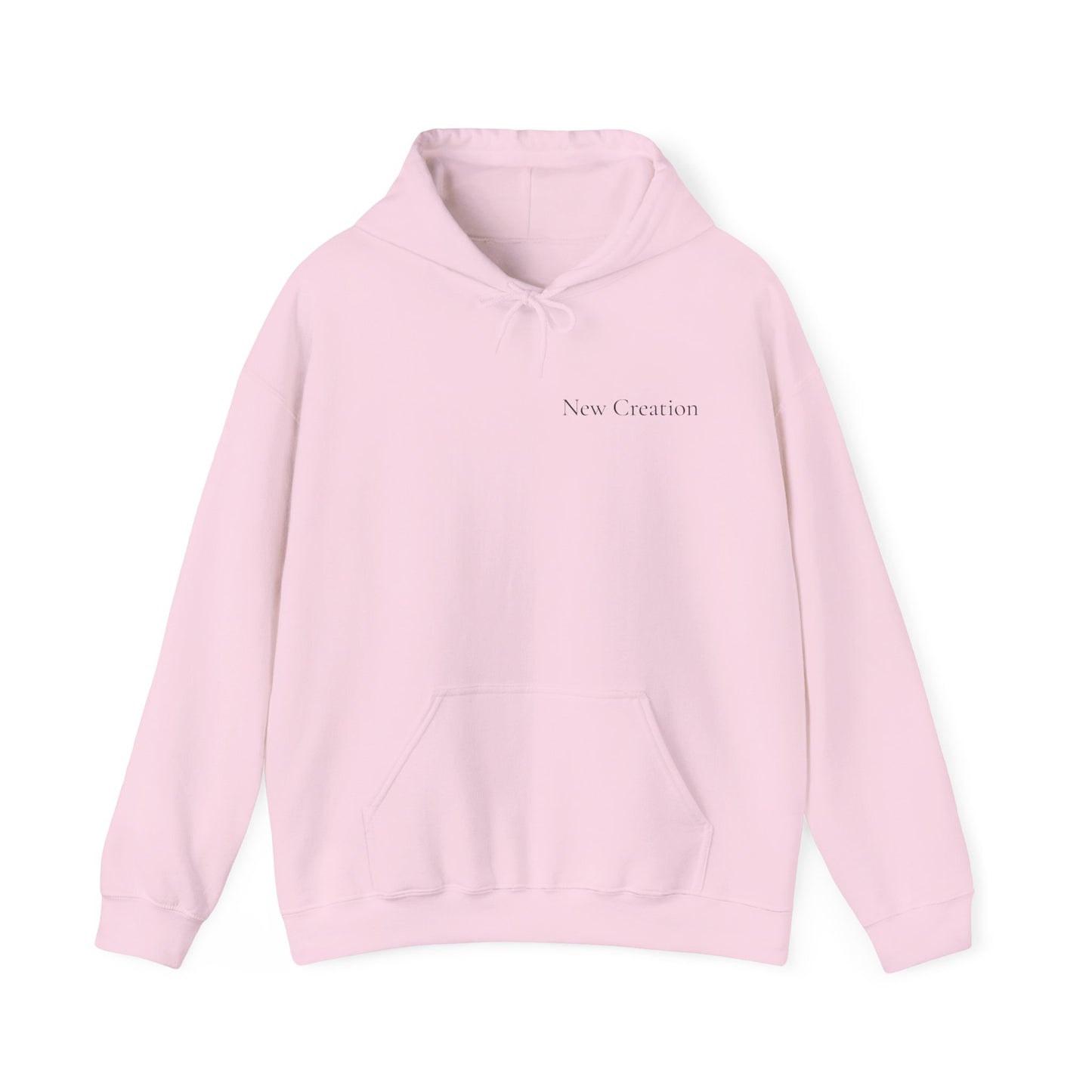 front view of a light pink Christian hoodie featuring a blue and green butterfly rising above a cracked rock, symbolizing transformation and renewal. The design includes the words 'NEW CREATION' at the top and '2 Corinthians 5:17' at the bottom, representing the Bible verse about becoming a new creation in Christ.