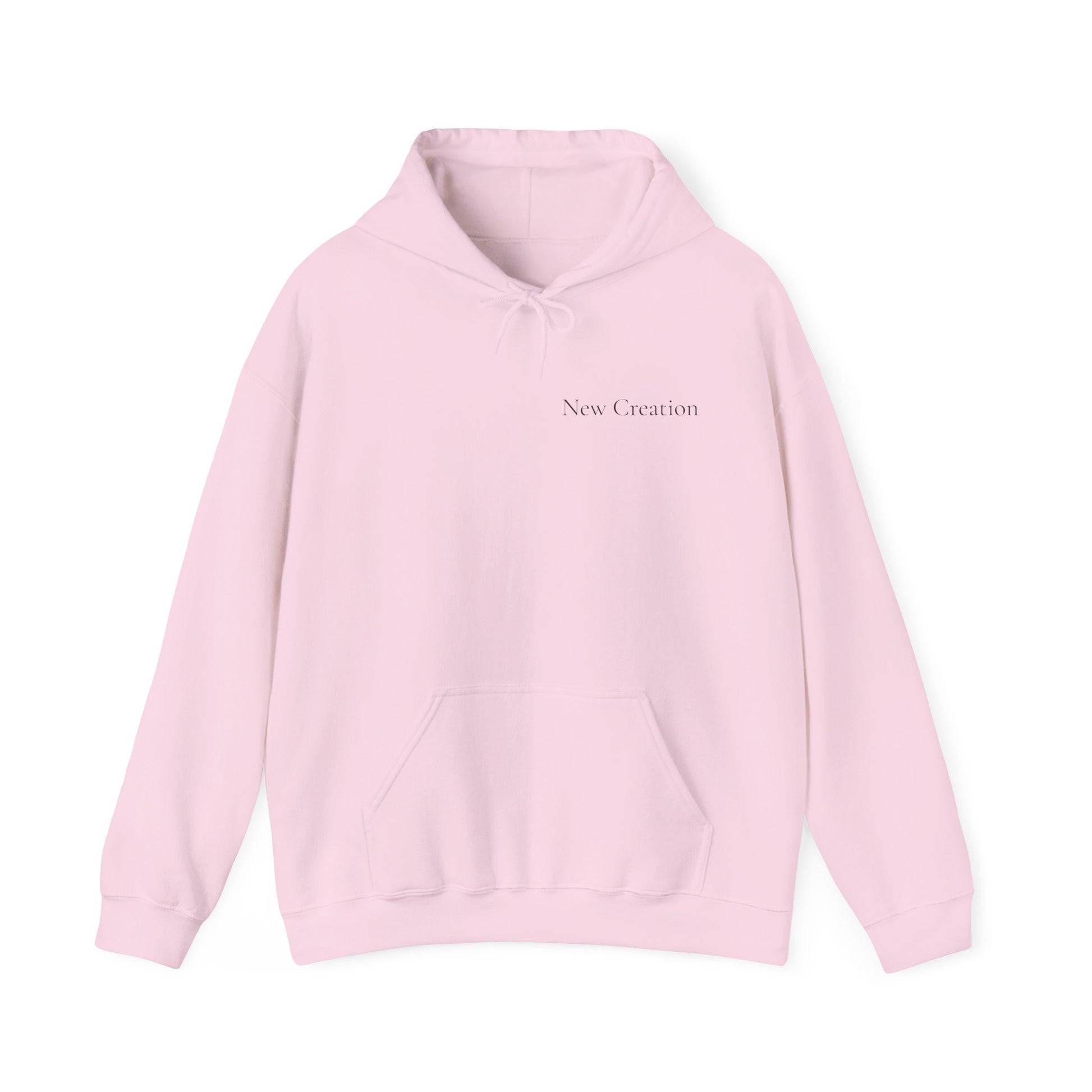 front view of a light pink Christian hoodie featuring a blue and green butterfly rising above a cracked rock, symbolizing transformation and renewal. The design includes the words 'NEW CREATION' at the top and '2 Corinthians 5:17' at the bottom, representing the Bible verse about becoming a new creation in Christ.