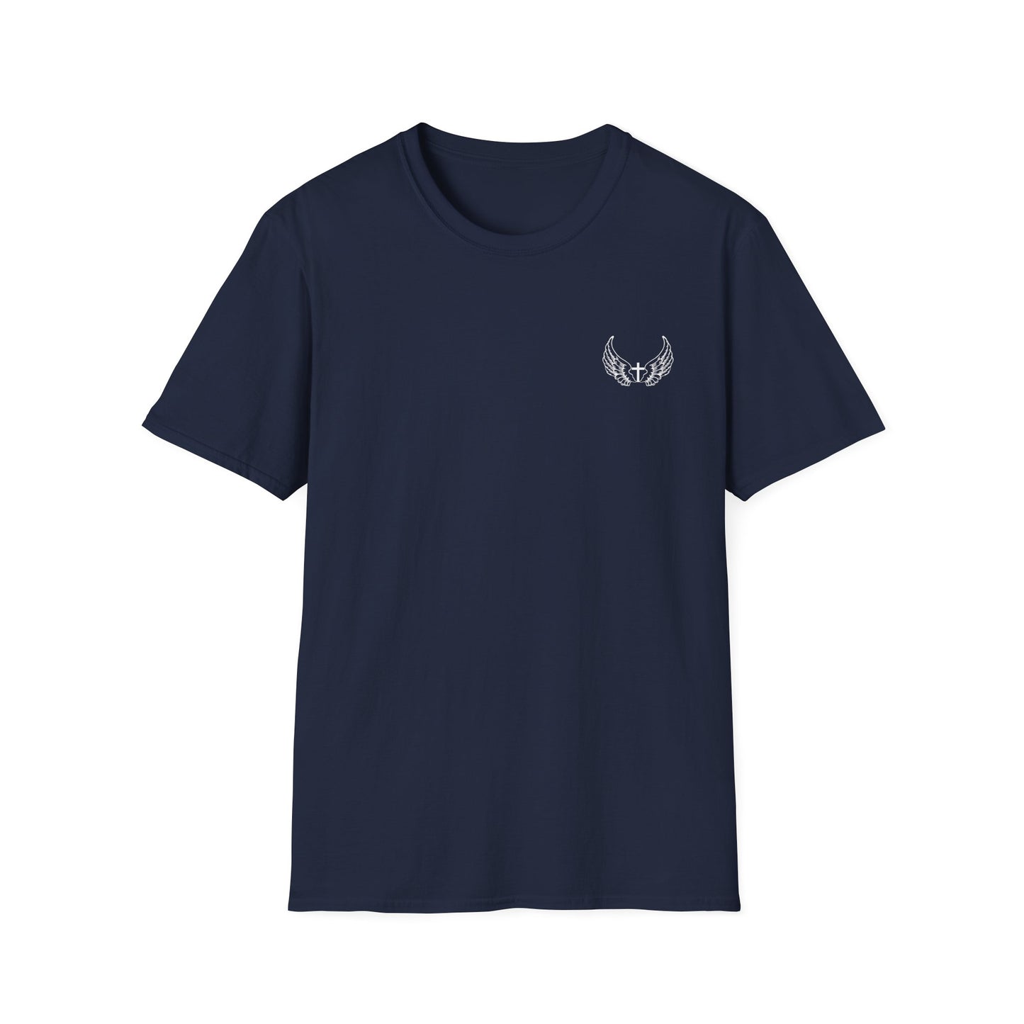 Front view of a navy Bible verse shirt clothing featuring John 3:16 — faith-based design for men’s Christian apparel and Catholic clothing styles.