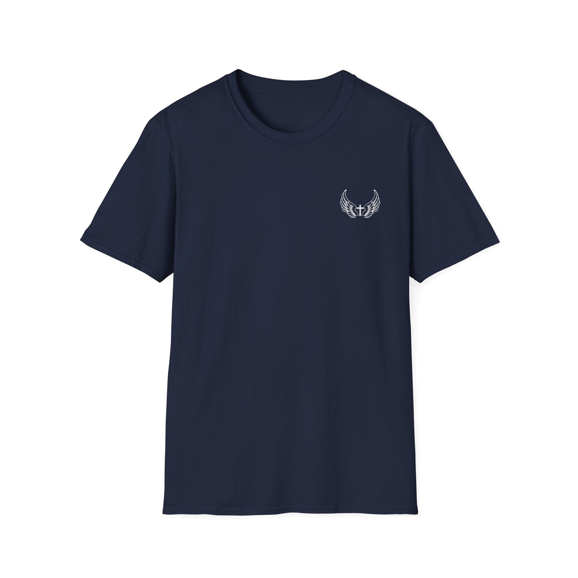 Front view of a navy Bible verse shirt clothing featuring John 3:16 — faith-based design for men’s Christian apparel and Catholic clothing styles.
