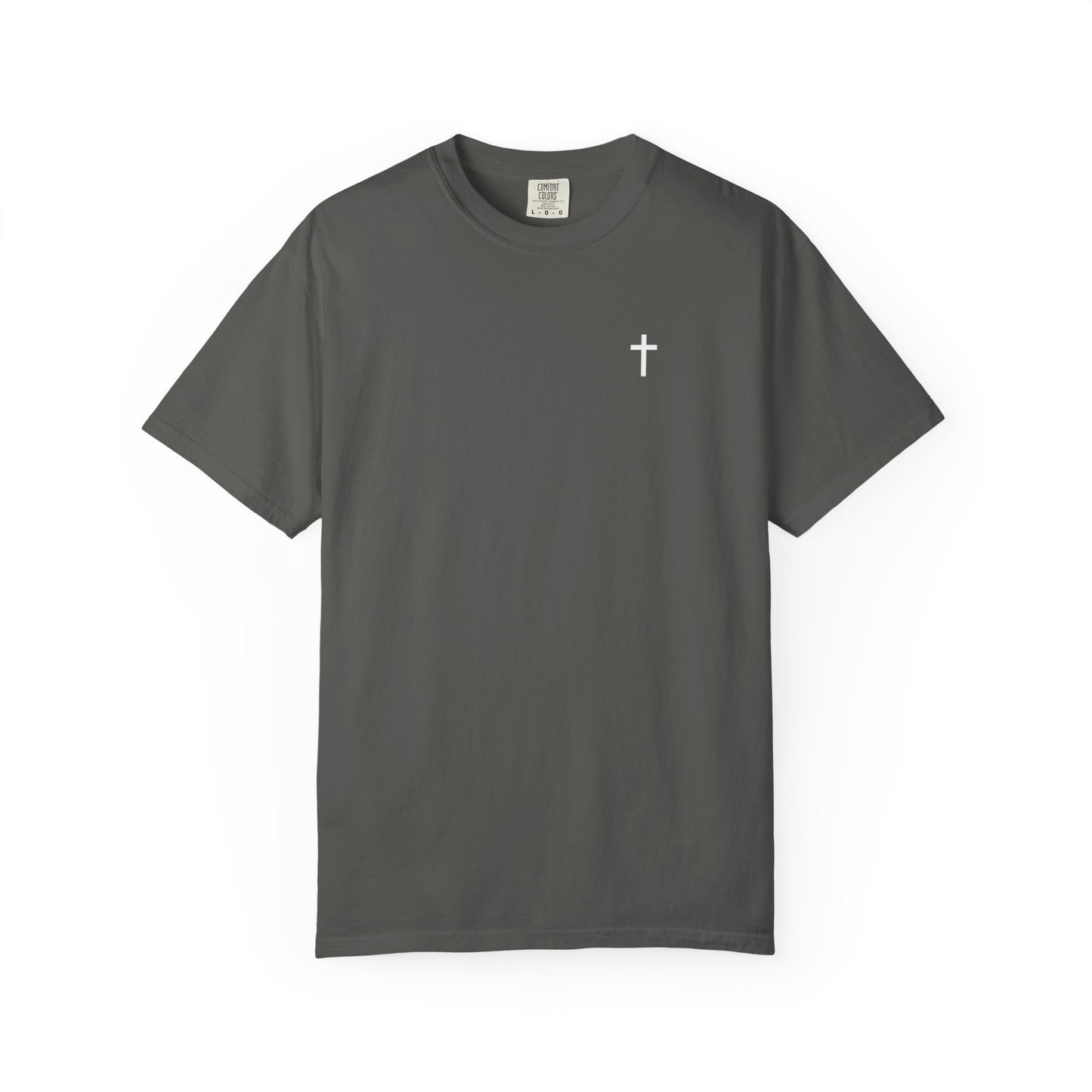 Front of a pepper Christian apparel with Bible verse for encouragement — faith-based American flag tee for Greek Orthodox, Roman Catholic, or Protestant wear.
