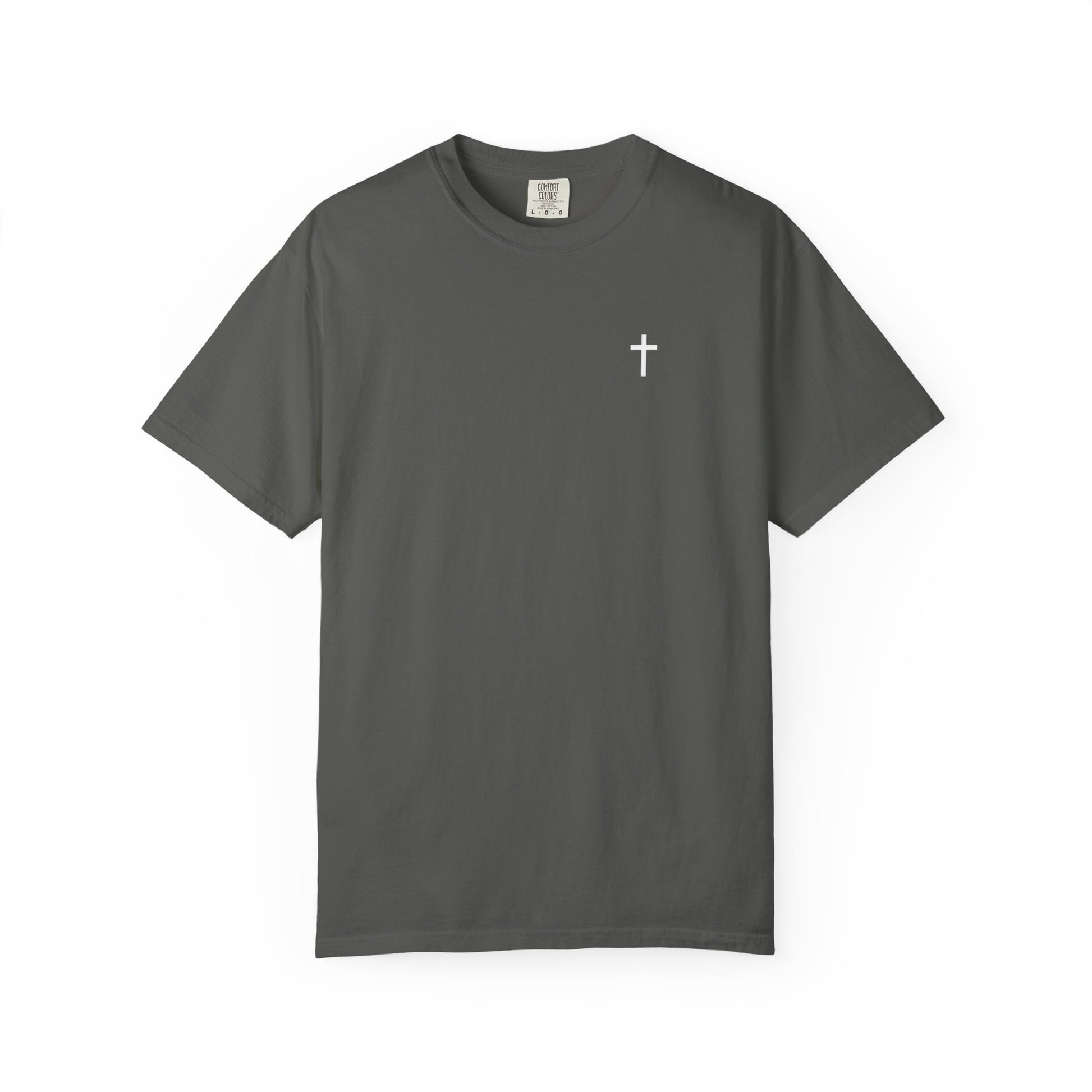 Front of a pepper Christian apparel with Bible verse for encouragement — faith-based American flag tee for Greek Orthodox, Roman Catholic, or Protestant wear.