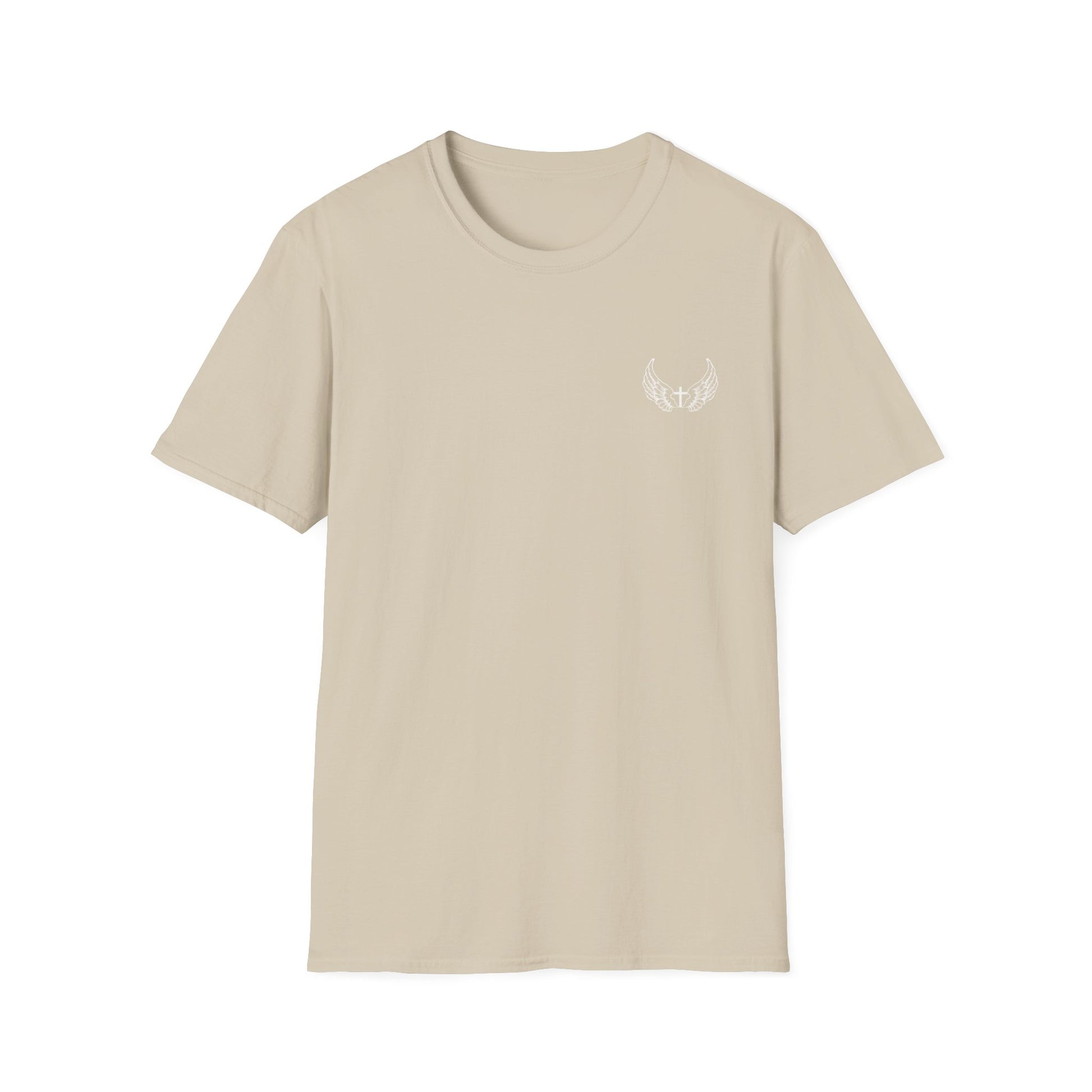 Front view of a sand Bible verse shirt clothing featuring John 3:16 — faith-based design for men’s Christian apparel and Catholic clothing styles.