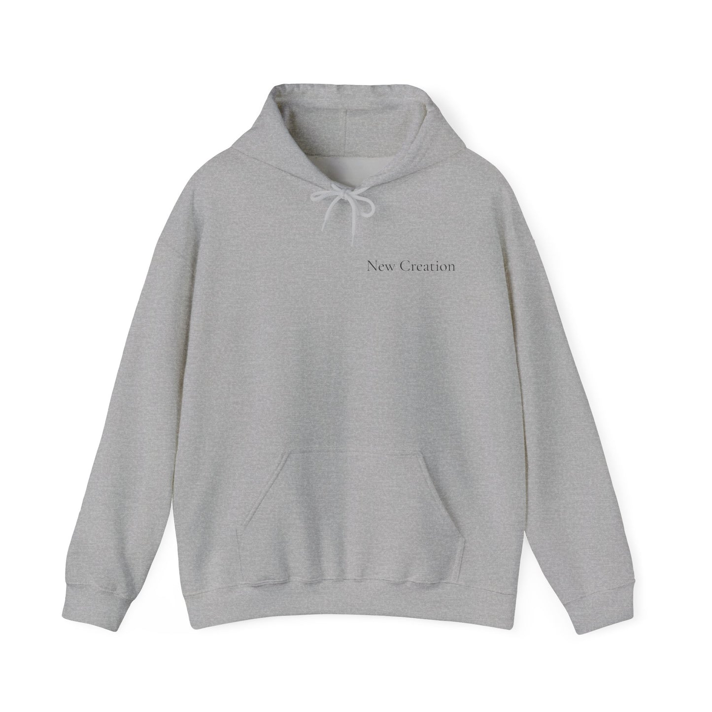 front of a sport gray Christian hoodie featuring a blue and green butterfly rising above a cracked rock, symbolizing transformation and renewal. The design includes the words 'NEW CREATION' at the top and '2 Corinthians 5:17' at the bottom, representing the Bible verse about becoming a new creation in Christ.