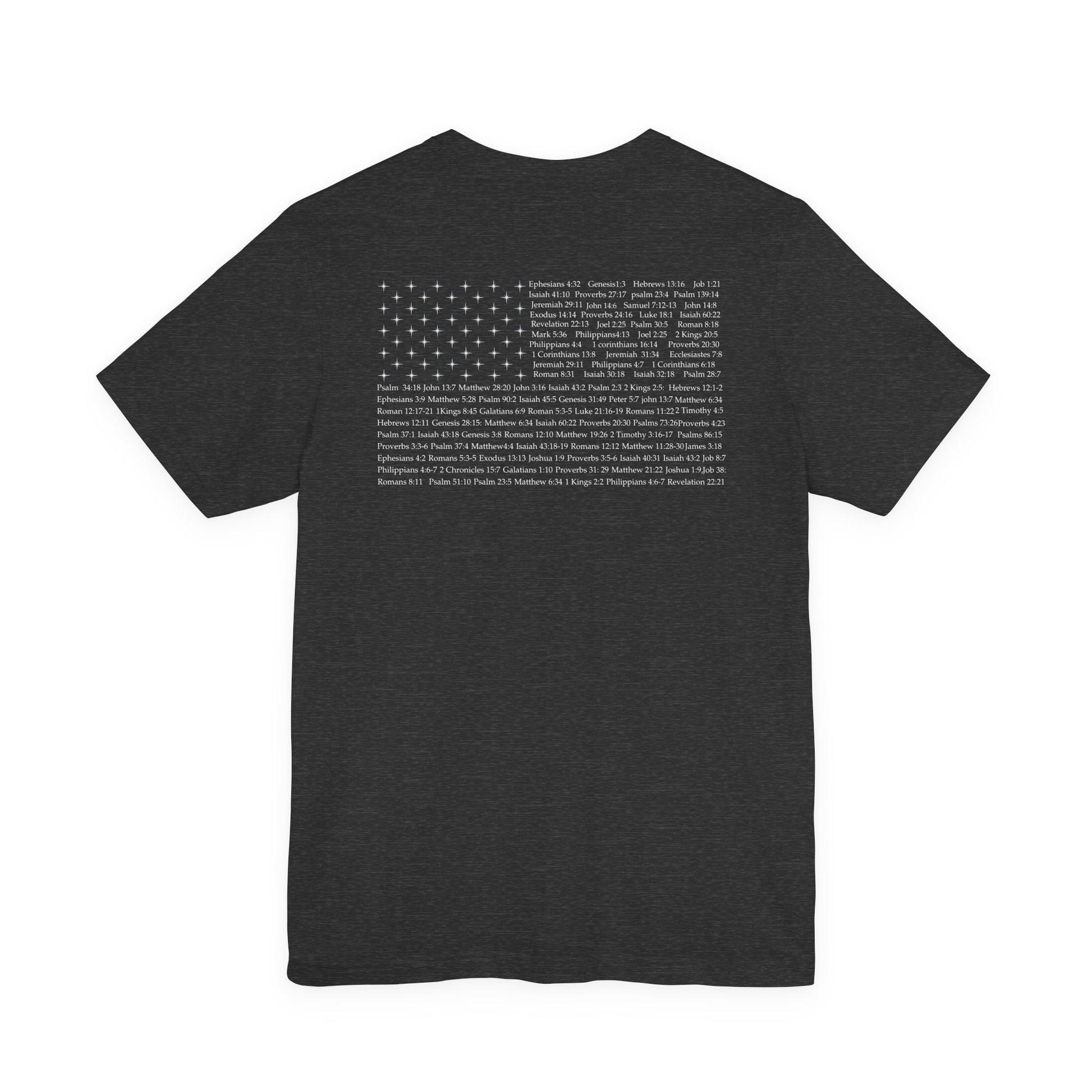 Gray Bible Verse American Flag T-shirt featuring an American flag made from Bible verse references on the back. A modern Christian and Catholic T-shirt designed for believers who want to wear their faith with confidence while honoring God and their country.