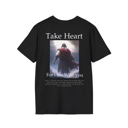 Black Christian t-shirt featuring Jesus walking forward under light with the text “Take Heart, For I Am With You” and John 3:16 scripture beneath the image.
