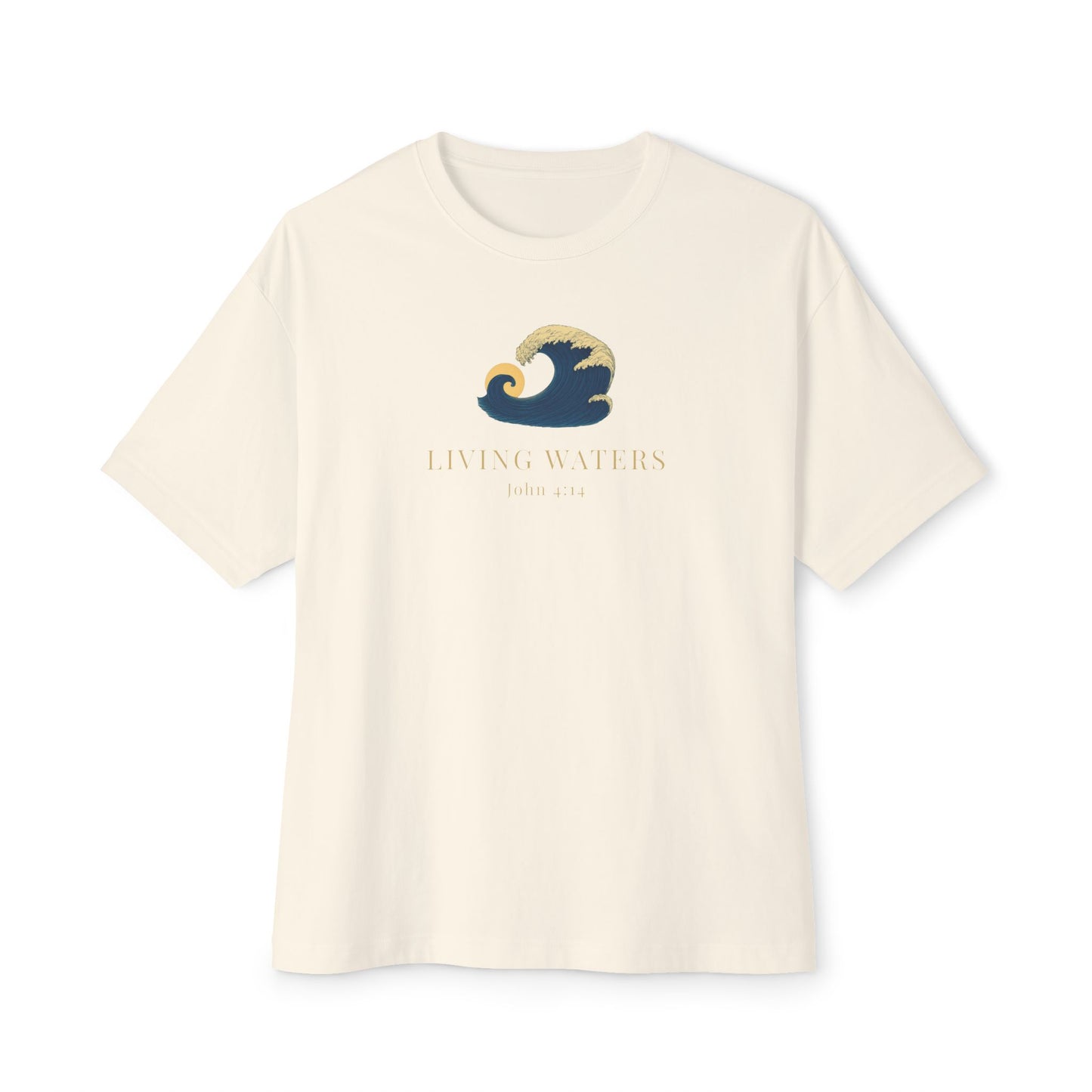 Cream-colored Christian t-shirt featuring a minimalist wave graphic symbolizing Living Waters with subtle John 4:14 inspired design on the front.