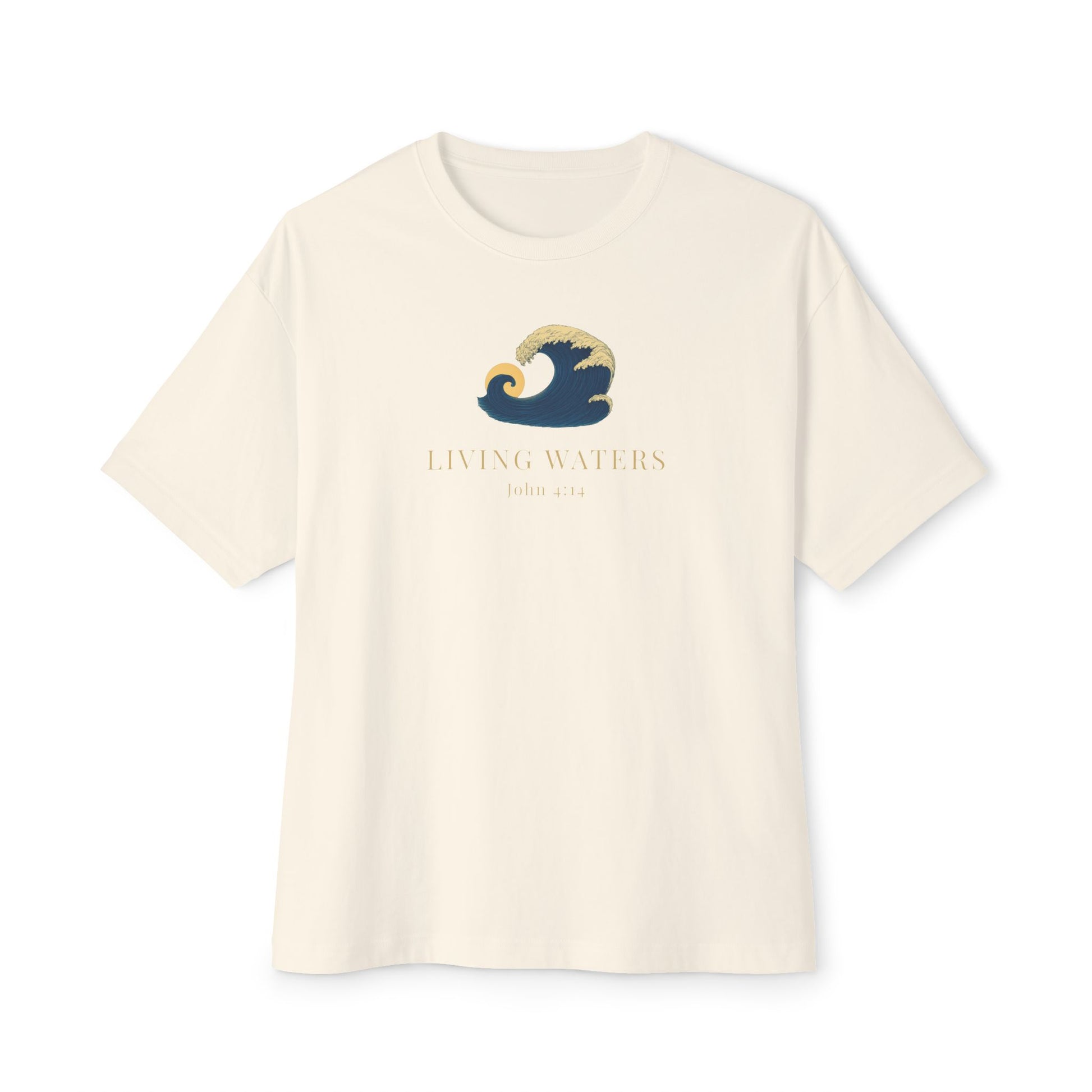 Cream-colored Christian t-shirt featuring a minimalist wave graphic symbolizing Living Waters with subtle John 4:14 inspired design on the front.