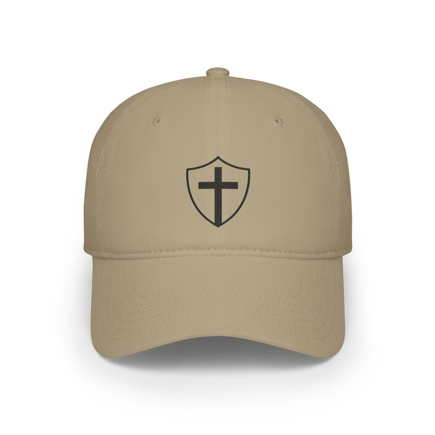 Khaki dad cap with embroidered “Shield of God” design, casual Christian faith hat for daily wear.