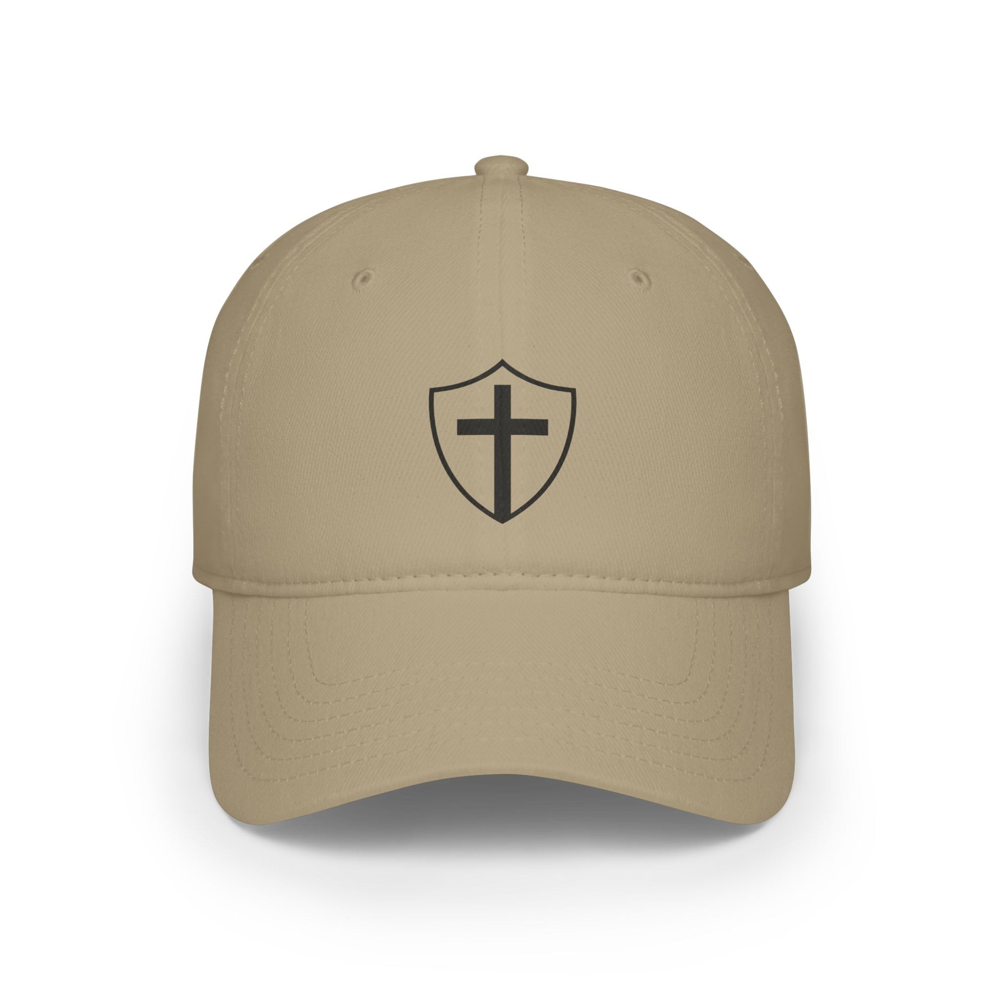 Khaki dad cap with embroidered “Shield of God” design, casual Christian faith hat for daily wear.