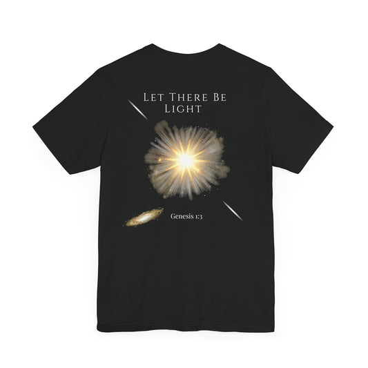 Let There Be Light Genesis 1:3 t-shirt featuring a radiant light burst design—modern Christian apparel for men and women. This Bible verse shirt blends faith and fashion, perfect for those seeking trendy Christian clothing, Bible verse encouragement, and bold Christian clothes that inspire.