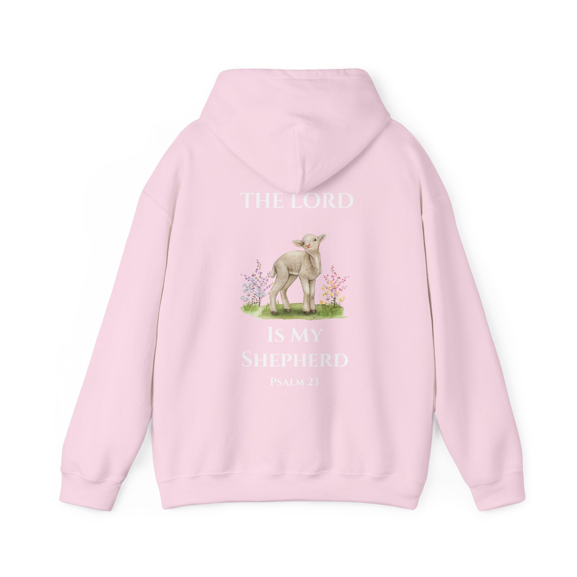 Light pink Christian hoodie featuring a lamb illustration with floral details and the Bible verse “The Lord Is My Shepherd – Psalm 23” printed on the back, displayed on a clean white background.
