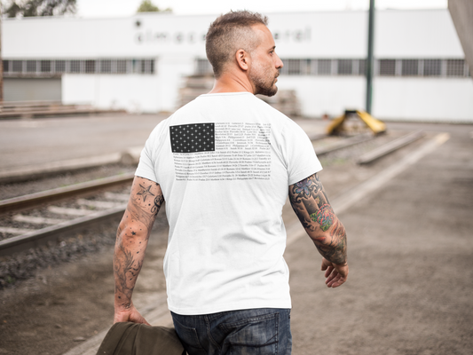 Man wearing the **Bible Verse American Flag T-Shirt** featuring an American flag design made from Bible verses on the back. Christian patriotic apparel, Catholic clothing, faith-based T-shirt, modern Christian apparel, and Bible verse shirt for men and women.
