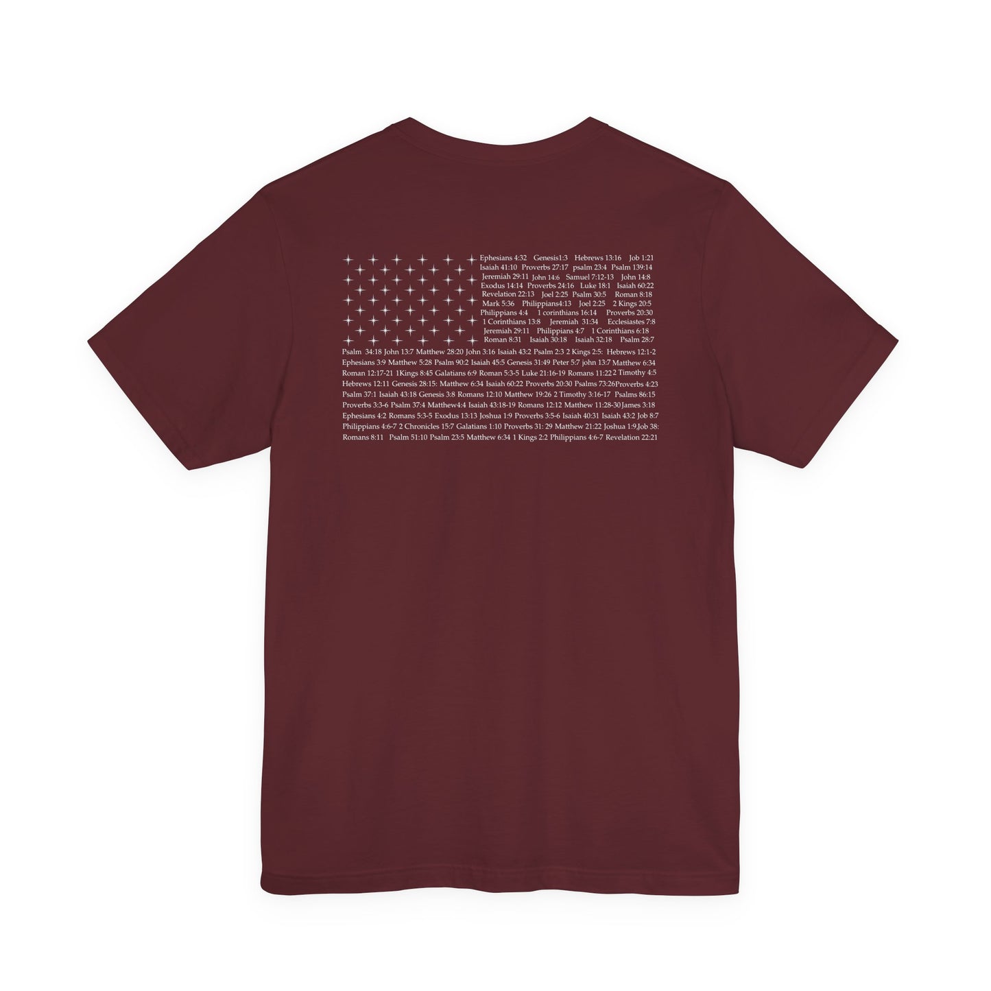 Maroon Bible Verse American Flag T-shirt featuring an American flag made from Bible verse references on the back. A modern Christian and Catholic T-shirt designed for believers who want to wear their faith with confidence while honoring God and their country.
