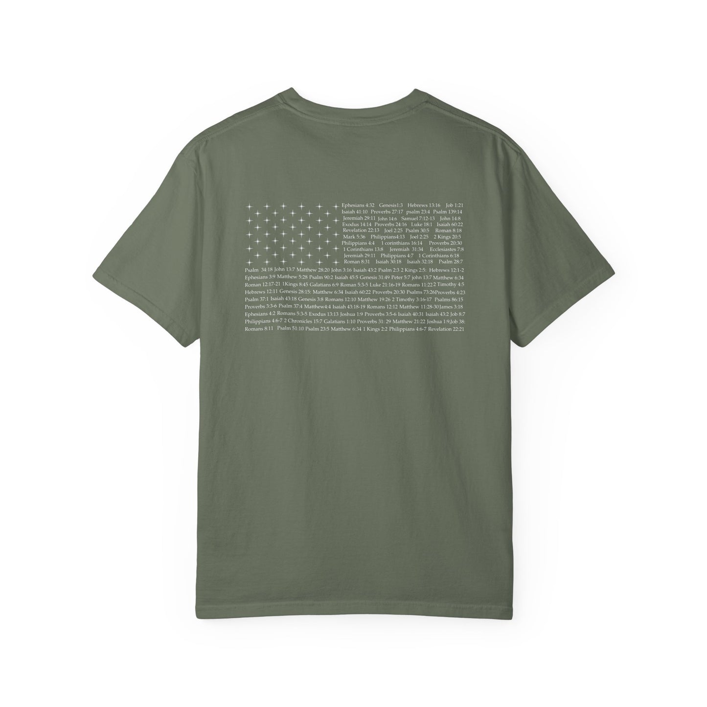 Back of a moss Christian apparel with Bible verse for encouragement — faith-based American flag tee for Greek Orthodox, Roman Catholic, or Protestant wear.