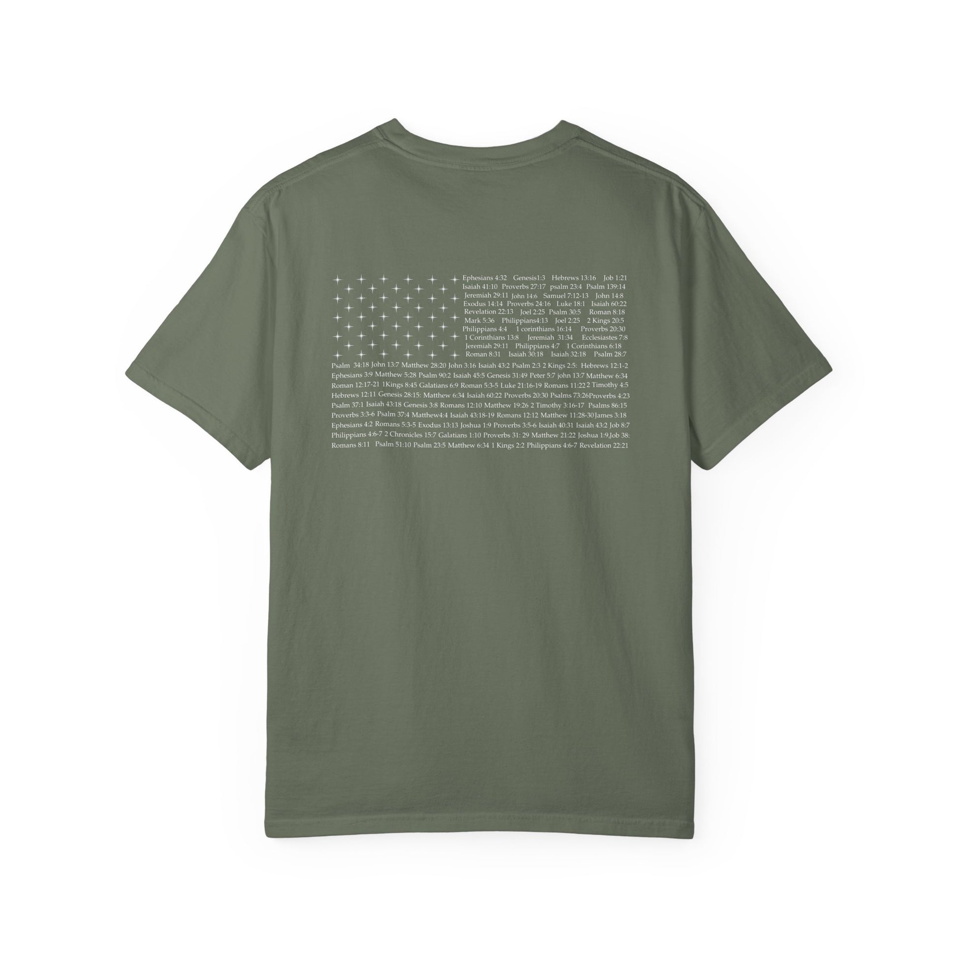 Back of a moss Christian apparel with Bible verse for encouragement — faith-based American flag tee for Greek Orthodox, Roman Catholic, or Protestant wear.