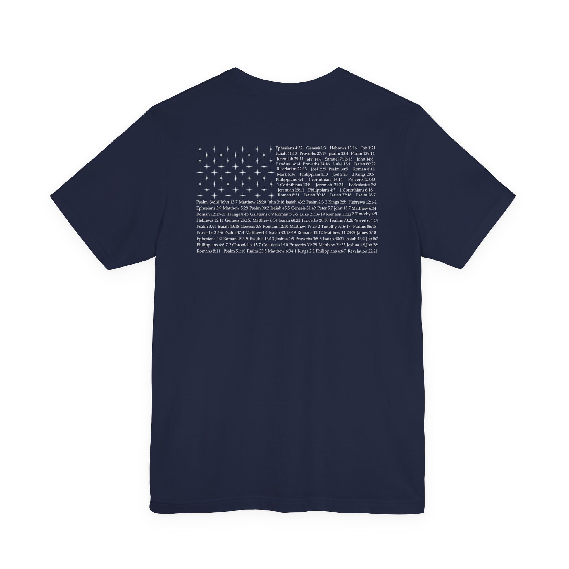 Navy Bible Verse American Flag T-shirt featuring an American flag made from Bible verse references on the back. A modern Christian and Catholic T-shirt designed for believers who want to wear their faith with confidence while honoring God and their country.