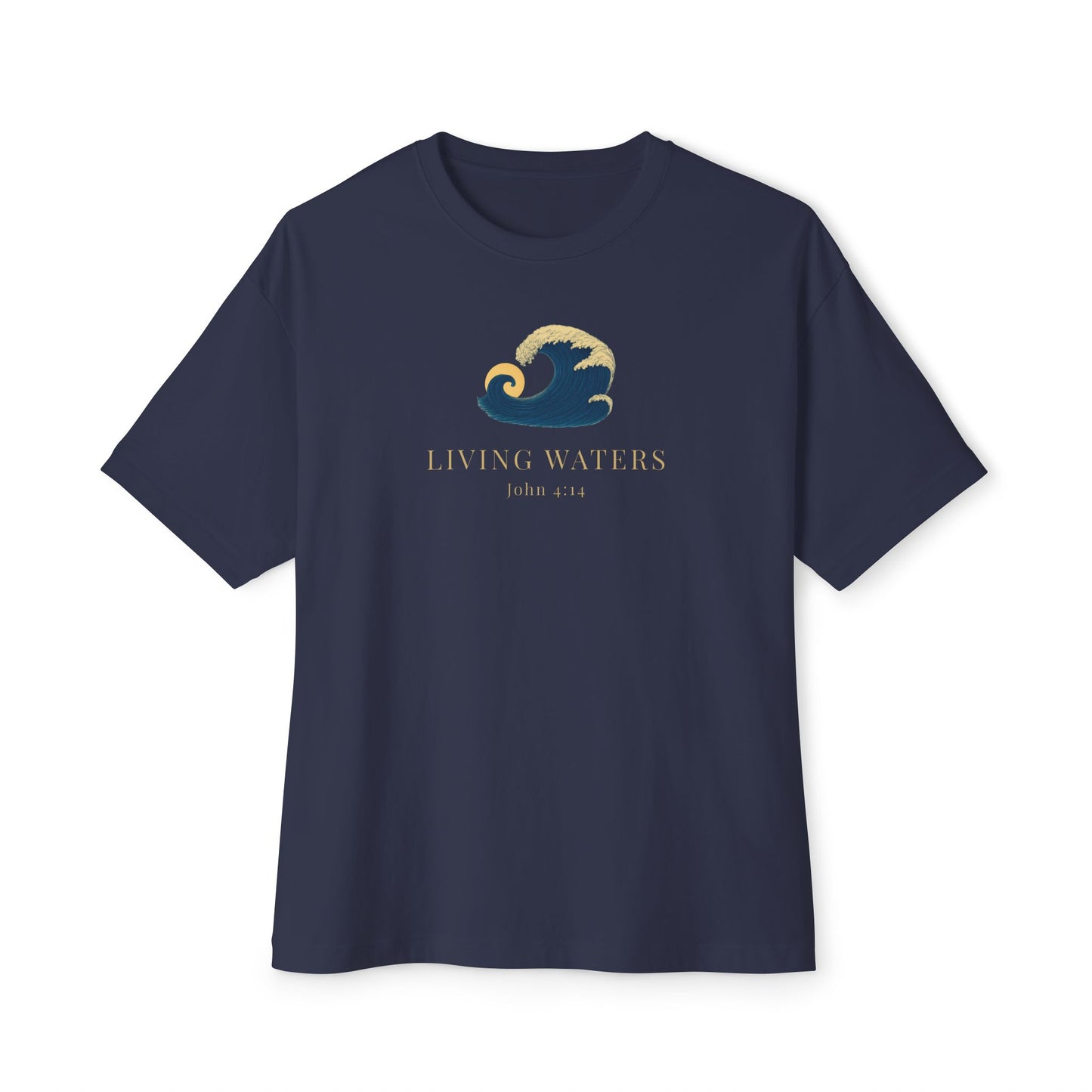 Navy blue Christian t-shirt featuring a minimalist wave graphic symbolizing Living Waters with subtle John 4:14 inspired design on the front.