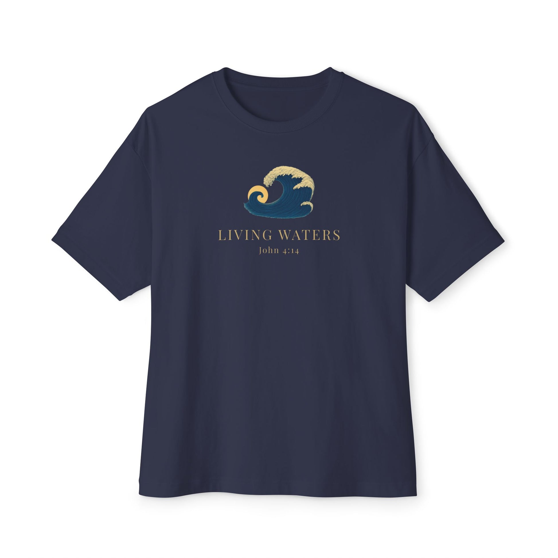 Navy blue Christian t-shirt featuring a minimalist wave graphic symbolizing Living Waters with subtle John 4:14 inspired design on the front.