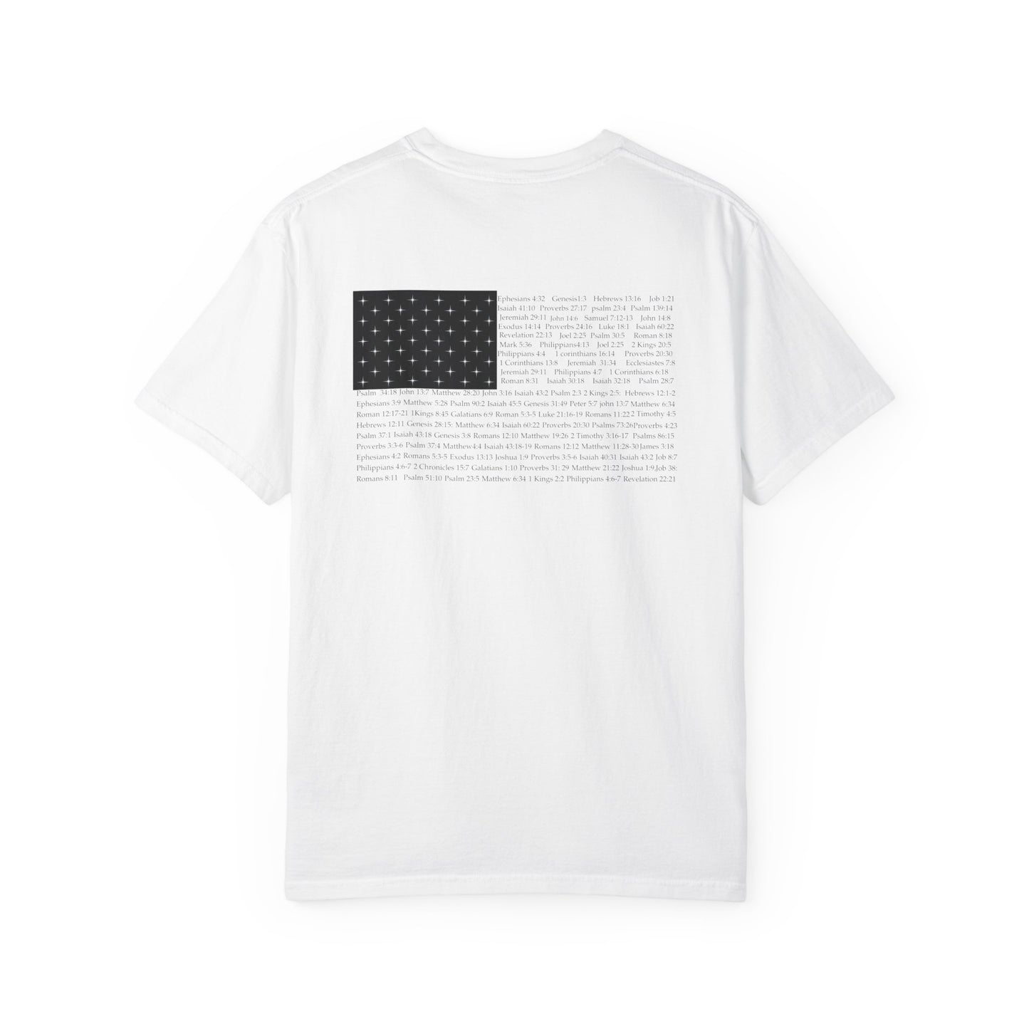 White. Christian apparel with Bible verse for encouragement — faith-based American flag tee for Greek Orthodox, Roman Catholic, or Protestant wear.