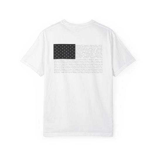 White. Christian apparel with Bible verse for encouragement — faith-based American flag tee for Greek Orthodox, Roman Catholic, or Protestant wear.