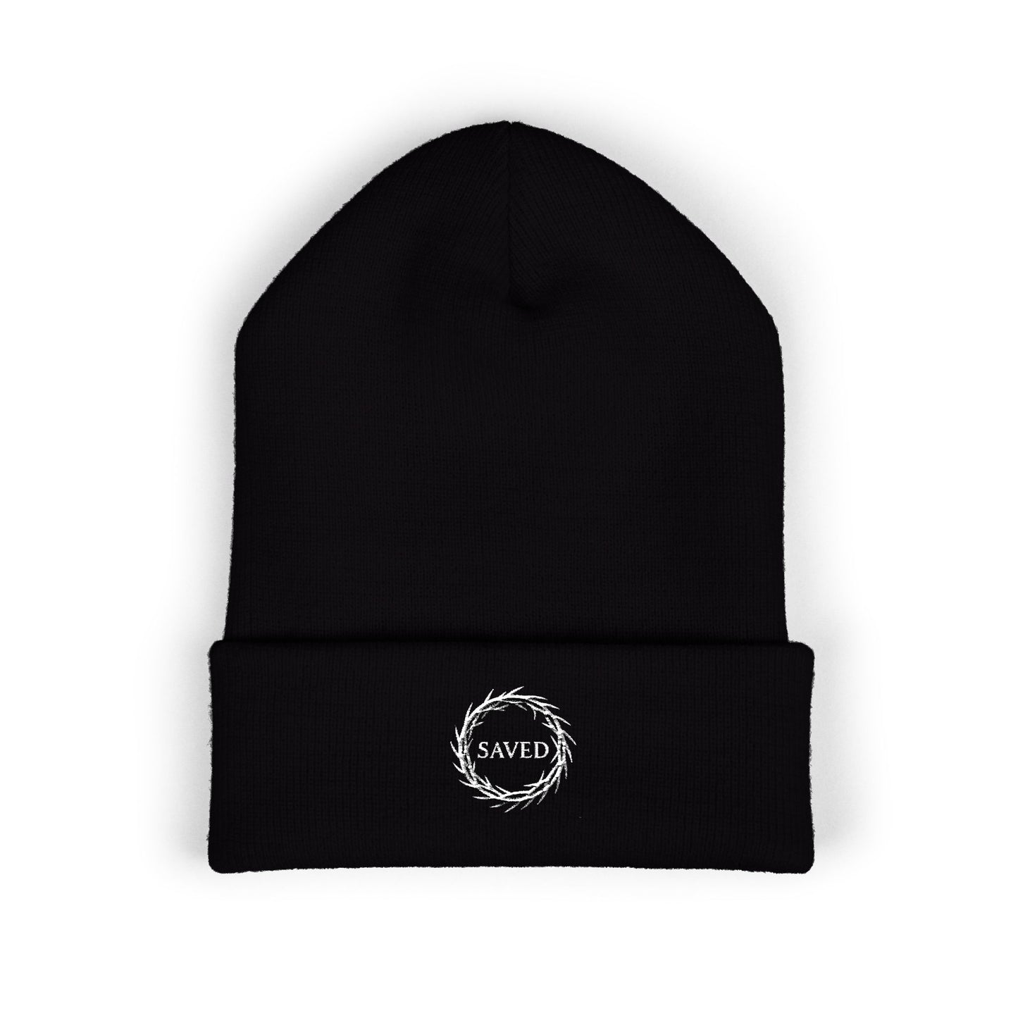 Black Christian beanie with embroidered “Saved” text inside a crown of thorns, minimalist faith-based winter hat, unisex cuffed beanie, Christian streetwear accessory, gospel-inspired apparel on white background.