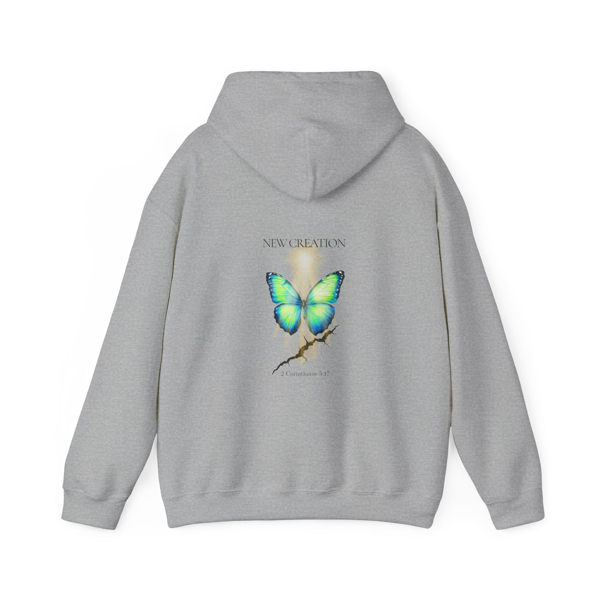 Sport gray Christian hoodie featuring a blue and green butterfly rising above a cracked rock, symbolizing transformation and renewal. The design includes the words 'NEW CREATION' at the top and '2 Corinthians 5:17' at the bottom, representing the Bible verse about becoming a new creation in Christ.
