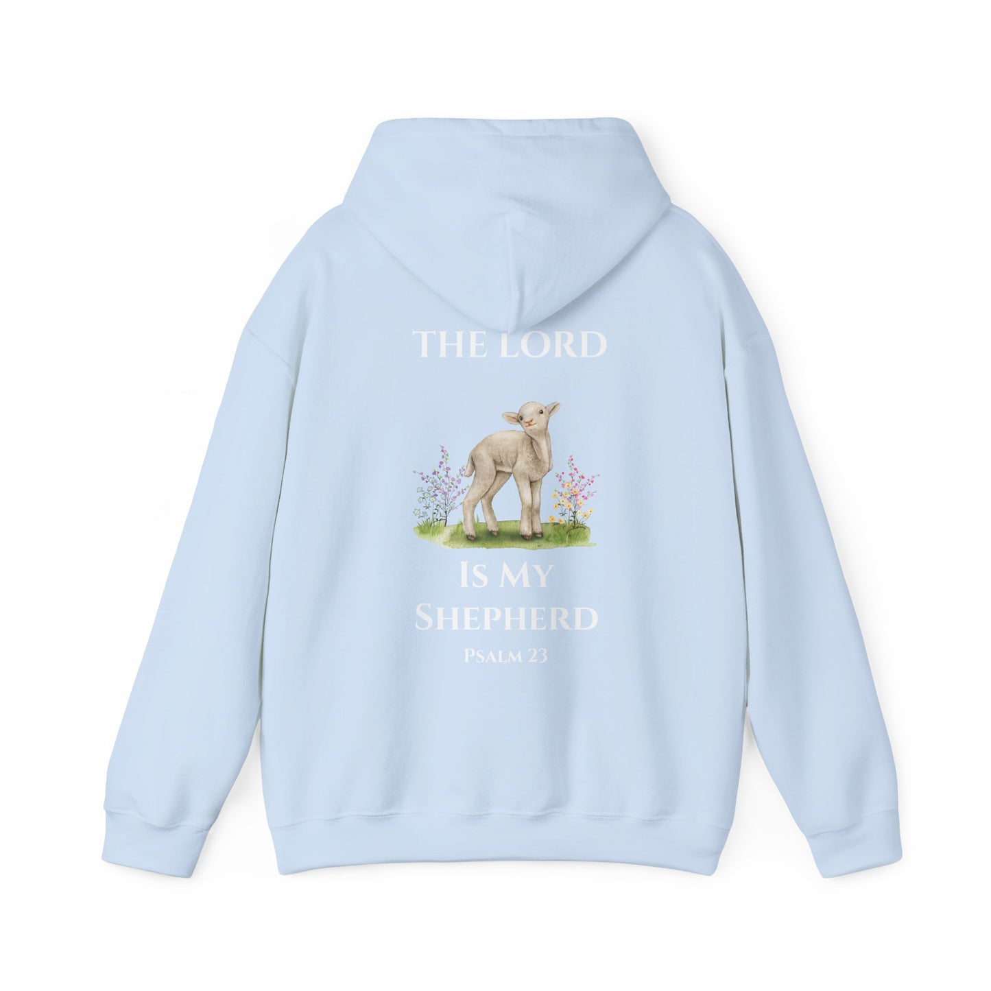 Light blue Christian hoodie featuring a lamb illustration with floral details and the Bible verse “The Lord Is My Shepherd – Psalm 23” printed on the back, displayed on a clean white background.