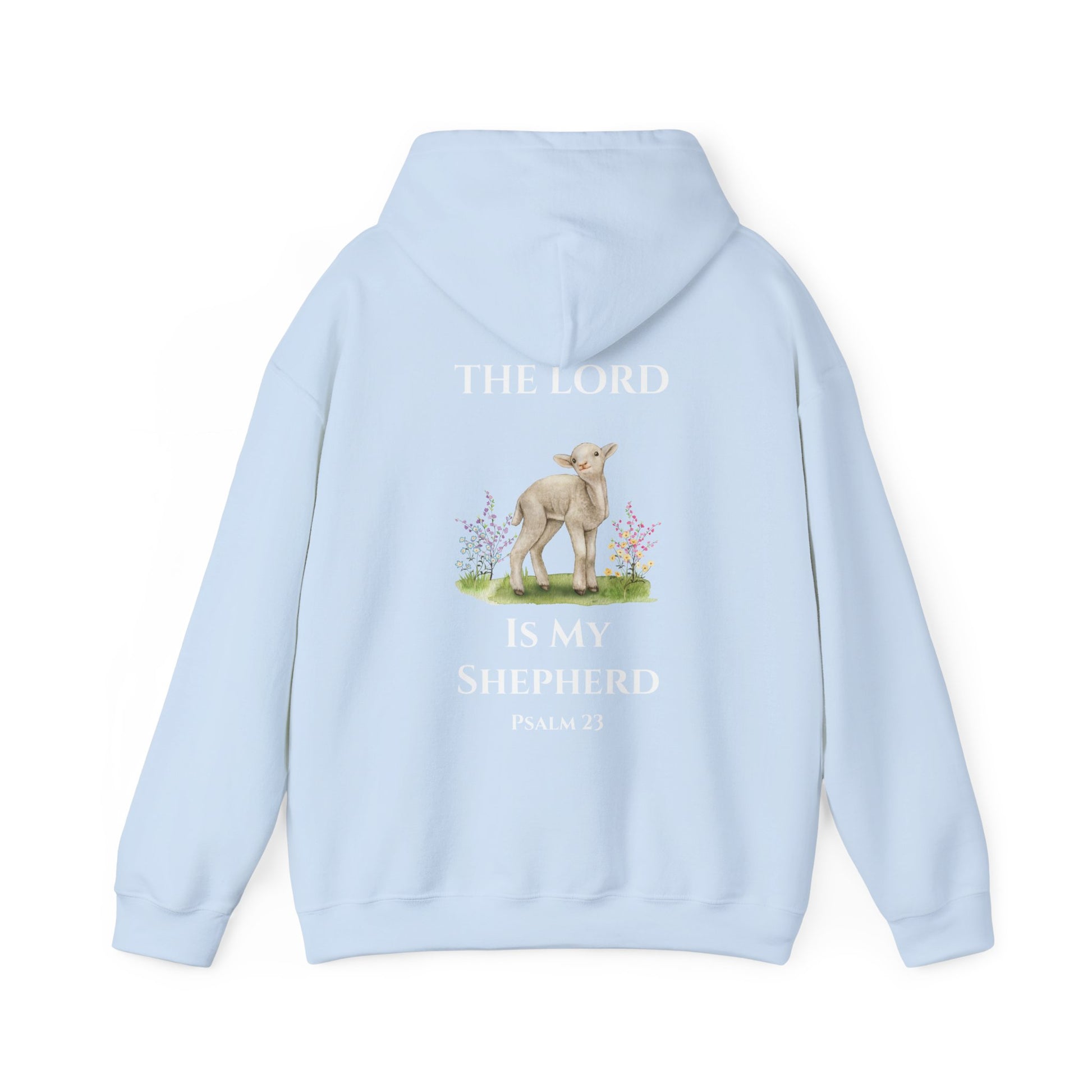 Light blue Christian hoodie featuring a lamb illustration with floral details and the Bible verse “The Lord Is My Shepherd – Psalm 23” printed on the back, displayed on a clean white background.
